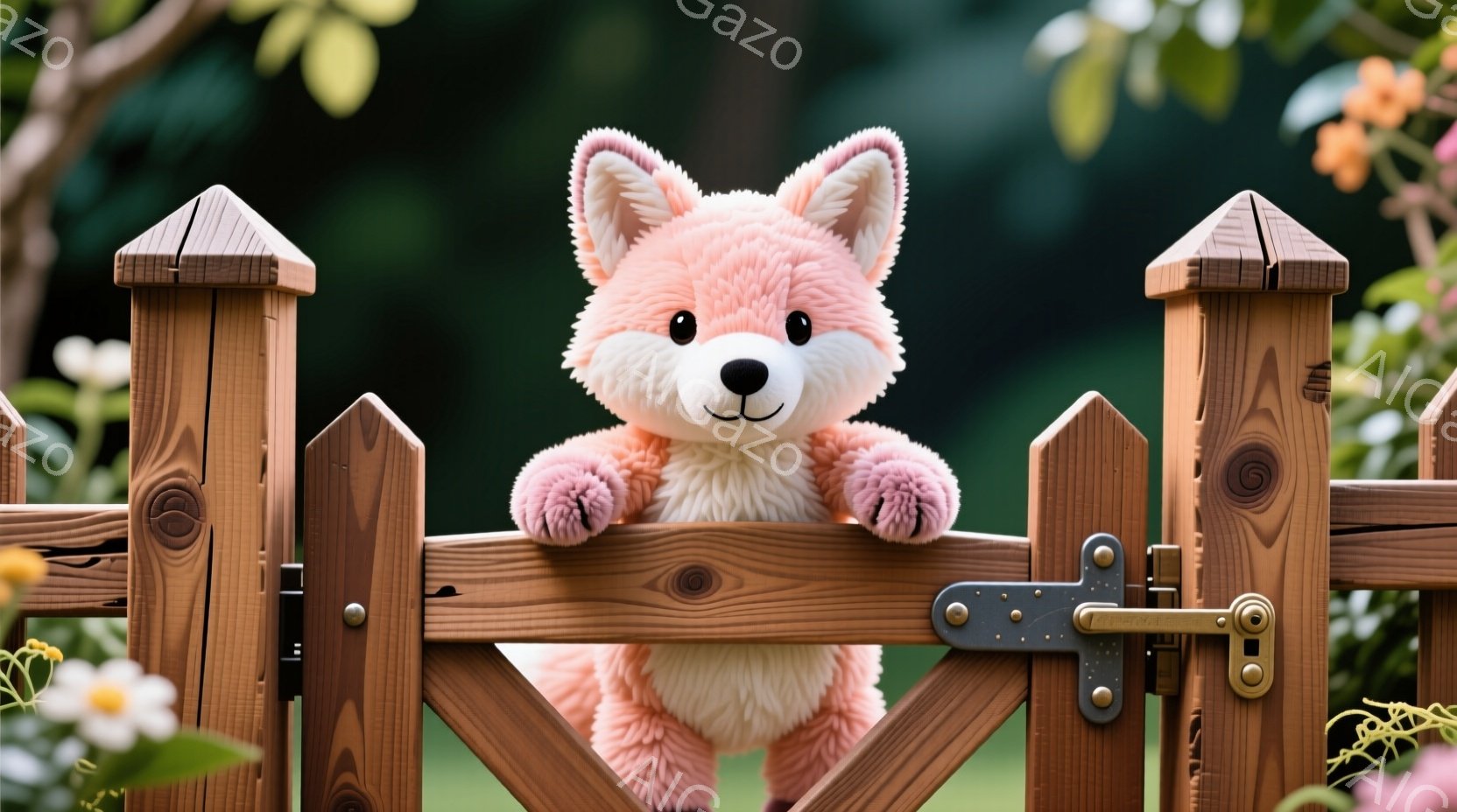 明るいピンク色のふわふわしたキツネが、木製の柵越しにこちらを見ています。キツネは前足を柵にかけ、楽しそうな表情で、丸い黒い目が印象的です。背景には緑豊かな植物が見え、晴れた日の穏やかな雰囲気が感じられ - AI生成フリー素材