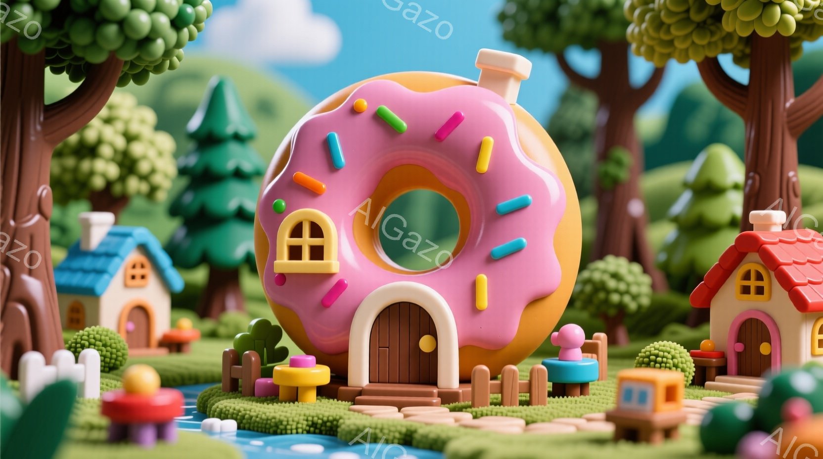 ピンク色のドーナツが、小さな家のようにデザインされており、緑豊かな風景の中にあります。背景には、可愛らしい家々や小川、そして丸い茂みが点在し、まるでファンタジーの世界のようです。全体的に明るく、温かみのある、遊び心に満ちた雰囲気です。