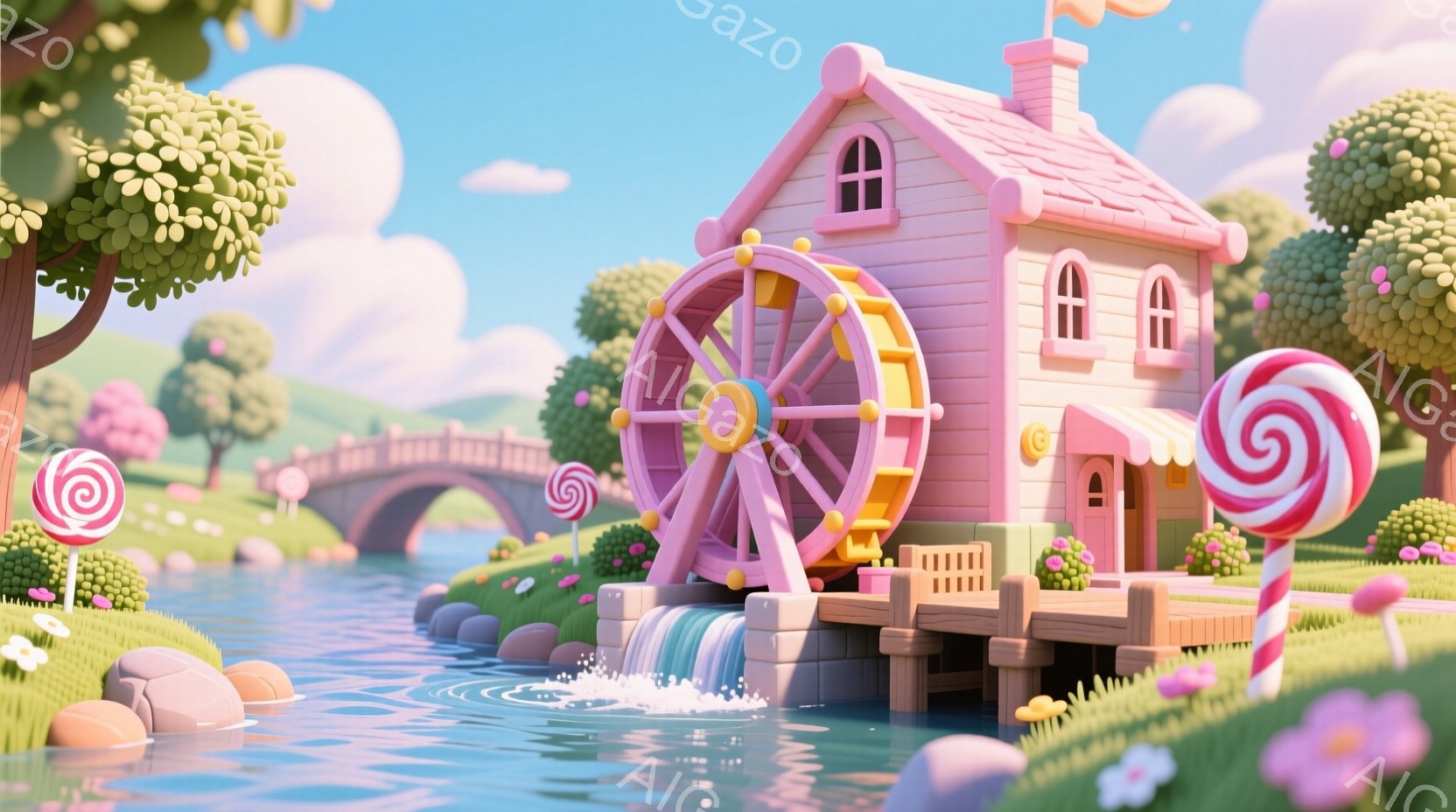 鮮やかな色彩の風景の中に、ピンク色の可愛らしい水車小屋が描かれています。小屋は穏やかな流れの川の上に建てられ、周りにはキャンディや花が咲き乱れ、夢のような雰囲気を醸し出しています。背景にはアーチ状の橋と緑豊かな木々、そして青空が広がり、平和で温かい印象を与えます。