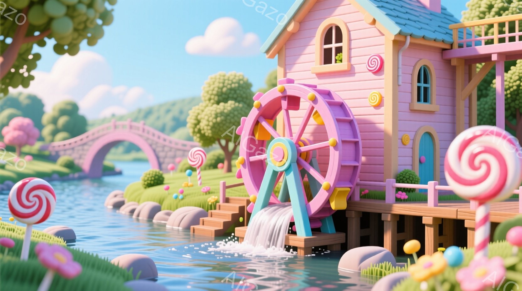 カラフルで夢のような風景が広がっており、ピンク色の可愛らしい家と水車が印象的です。家はキャンディで飾られ、周囲には花が咲き乱れ、穏やかな川が流れています。背景には緑の丘と青空が広がり、全体的に明るく、甘い雰囲気が漂っています。