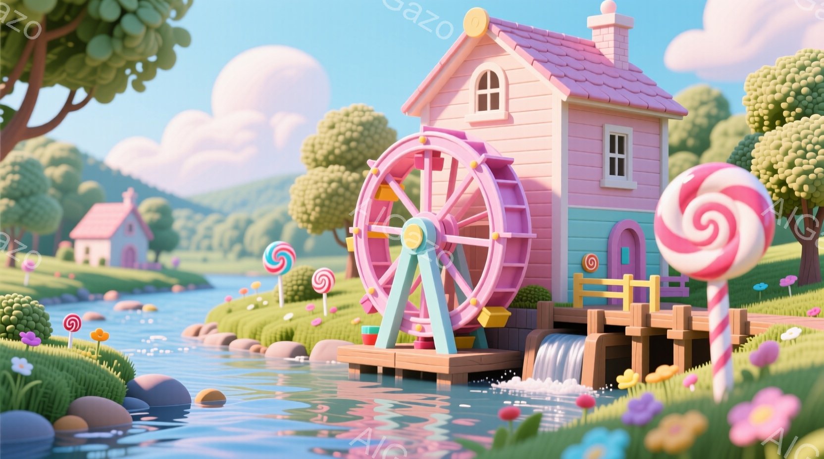 穏やかな小川のほとりに、可愛らしい水色の家が建っています。家には大きなキャンディのような風車があり、周囲には色とりどりの花々が咲き乱れています。背景には緑豊かな丘と、ふわふわとした雲が広がり、まるで絵本の中のような夢幻的な雰囲気が漂っています。