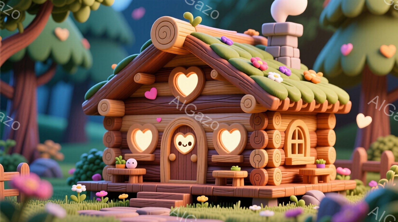 可愛らしい丸いキャラクターが、ハート型の窓とドアを持つログハウスの前に立っています。背景には緑豊かな木々が生い茂り、ピンク色の花が咲き乱れ、暖かい日差しが差し込んでいます。全体的に、暖かく、夢のような - AI生成フリー素材
