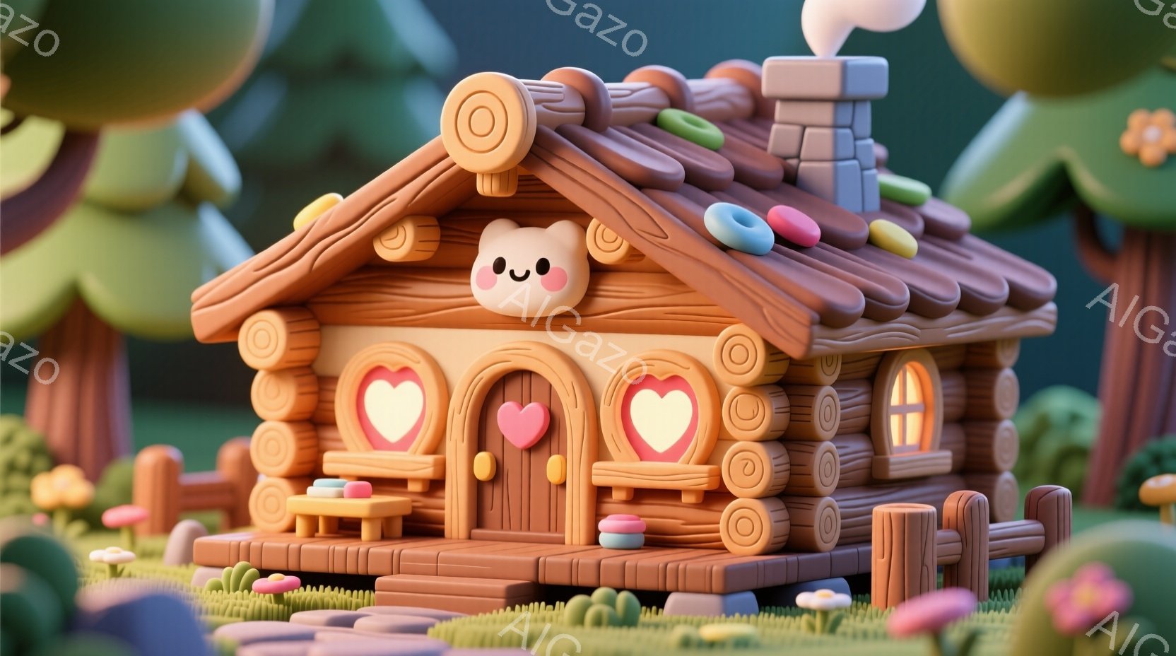 暖かく可愛らしい丸太小屋が描かれています。ドアにはハート型の装飾があり、屋根にはドーナツのようなものが飾られています。緑の草やキノコが生い茂る背景には、丸みを帯びた山々が見え、全体的に温かくファンタジ - AI生成フリー素材