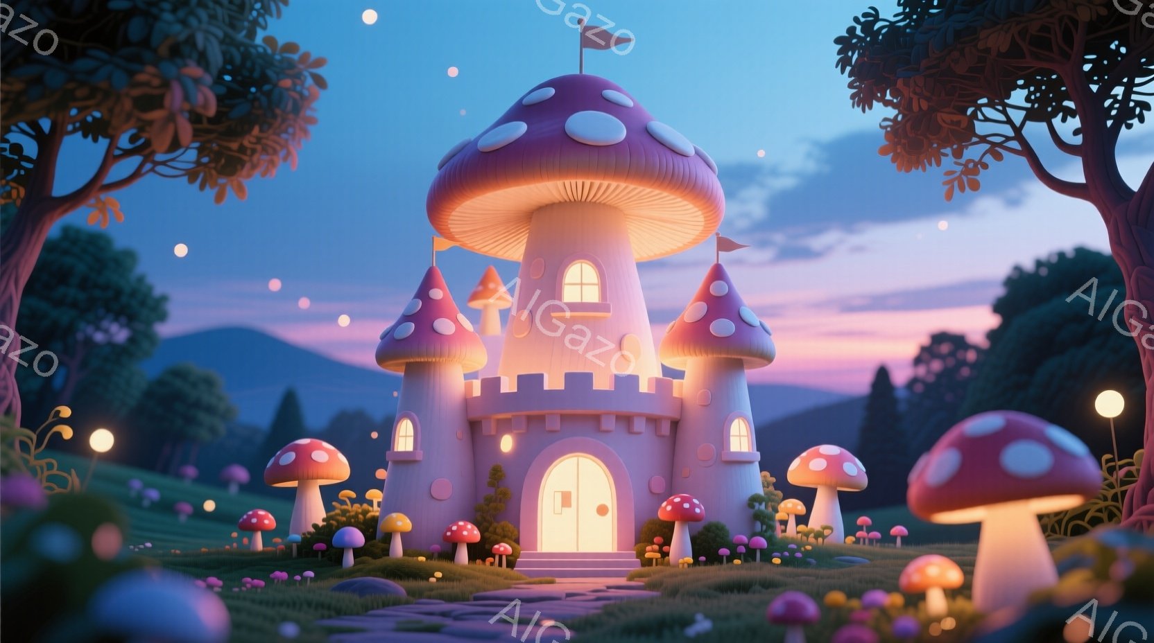 鮮やかな夕焼けを背景に、キノコのような形をした可愛らしいお城が描かれています。お城はピンク色で、周囲には様々な大きさのキノコが生い茂り、まるでファンタジーの世界のようです。庭には小道があり、お城へと続 - AI生成フリー素材