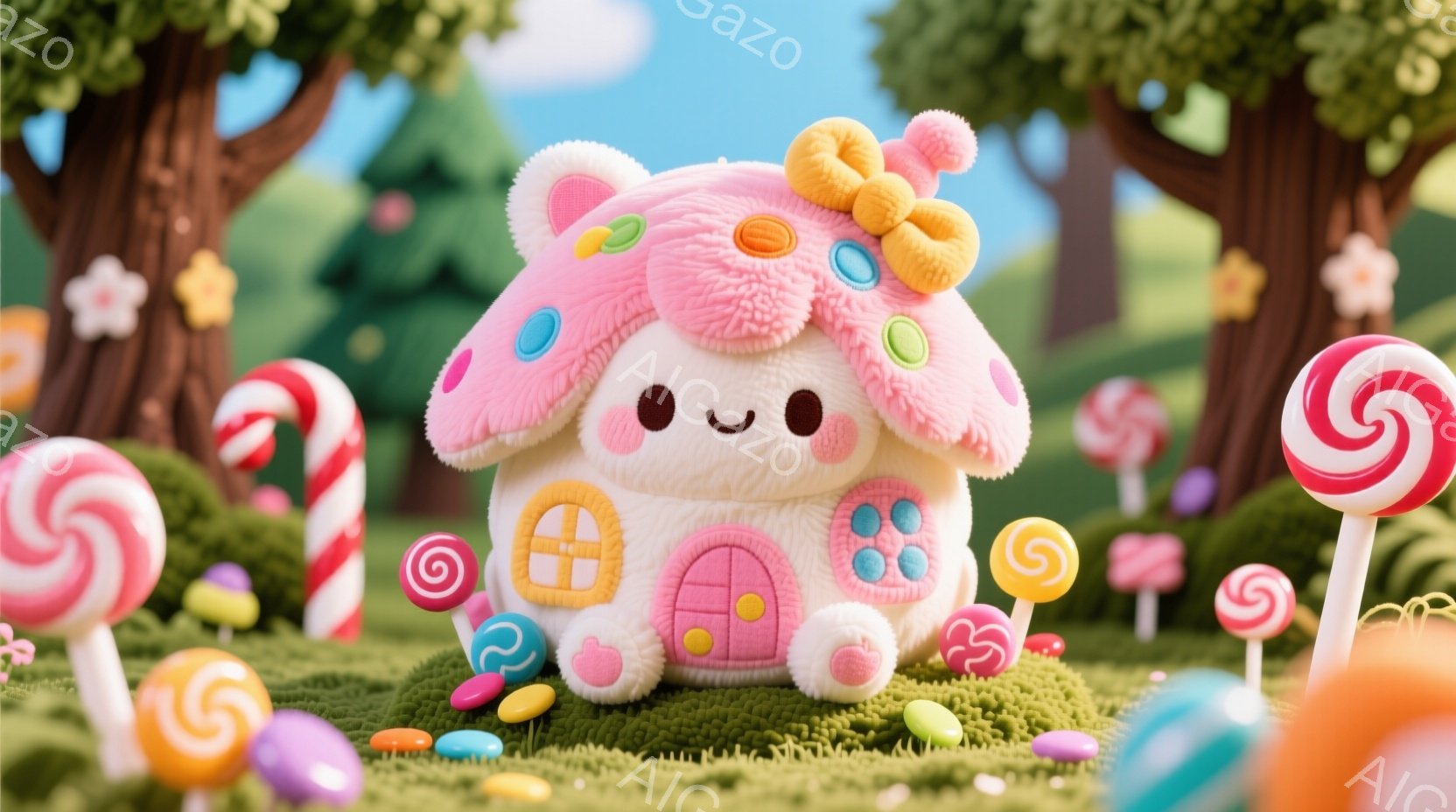 鮮やかな緑の芝生の上に、ピンク色の可愛らしいキノコ型の家が立っています。家には小さな窓とドアがあり、カラフルなキャンディーが装飾されています。背景には木々や、様々な色のキャンディーやキノコが散らばり、 - AI生成フリー素材