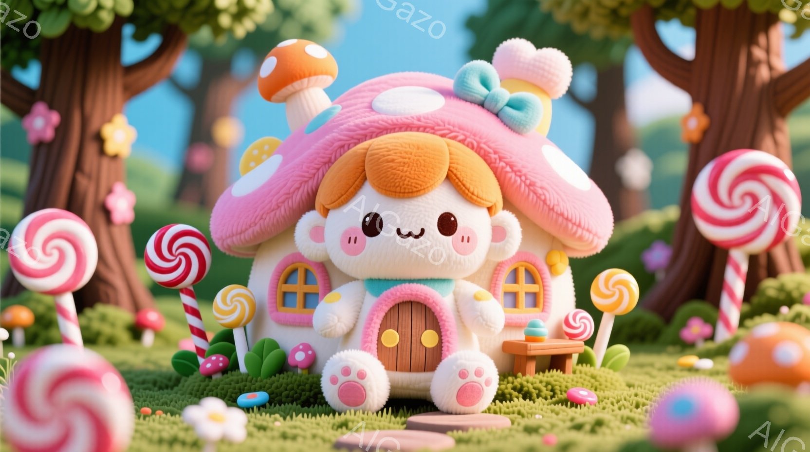 ふわふわしたピンク色のキノコのような家が中央にあり、可愛らしい表情をしています。周りにはカラフルなキャンディや小さな花が咲き乱れ、緑の芝生が広がる幻想的な風景です。全体的にパステルカラーで彩られ、温か - AI生成フリー素材