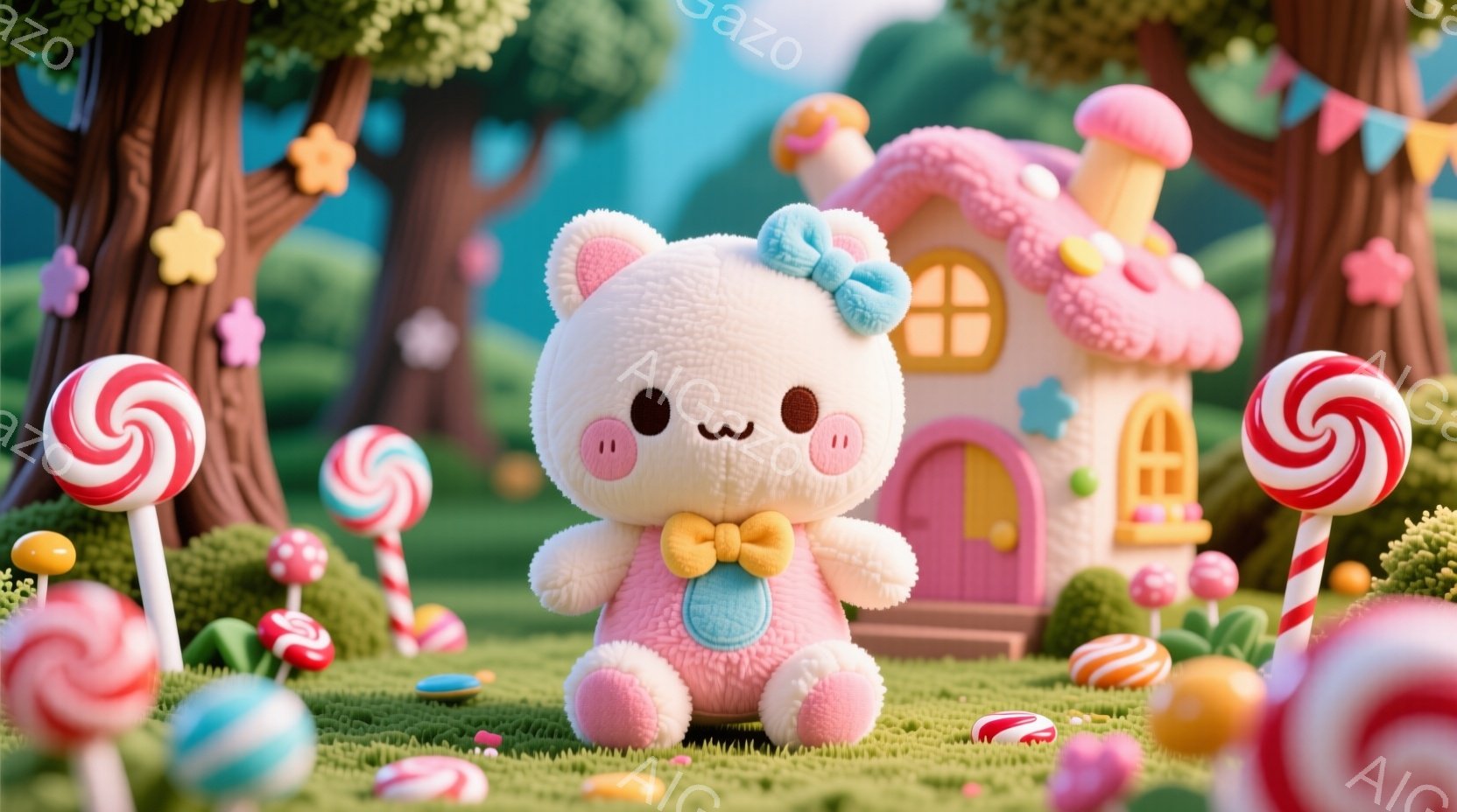 ふわふわのピンク色のうさぎのぬいぐるみが、パステルカラーのオーバーオールと大きなリボンをつけて座っています。背景には、キャンディーのようなカラフルな木々と、お菓子の家のような可愛らしい建物があり、まるで夢のような世界です。全体的に甘くて優しい雰囲気で、子供向けのイラストレーションのようです。