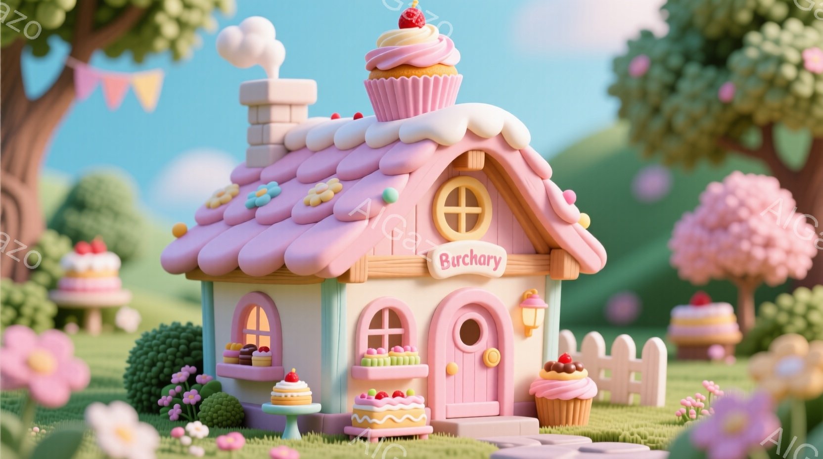 鮮やかなピンク色の可愛らしい家が、緑豊かな芝生の上に建っています。家の屋根はカップケーキのクリームのように装飾され、側面にはケーキやマカロンが積み上げられています。背景には緑の丘と、ぼんやりとした木々が見え、全体的に甘くて夢のような雰囲気が漂っています。