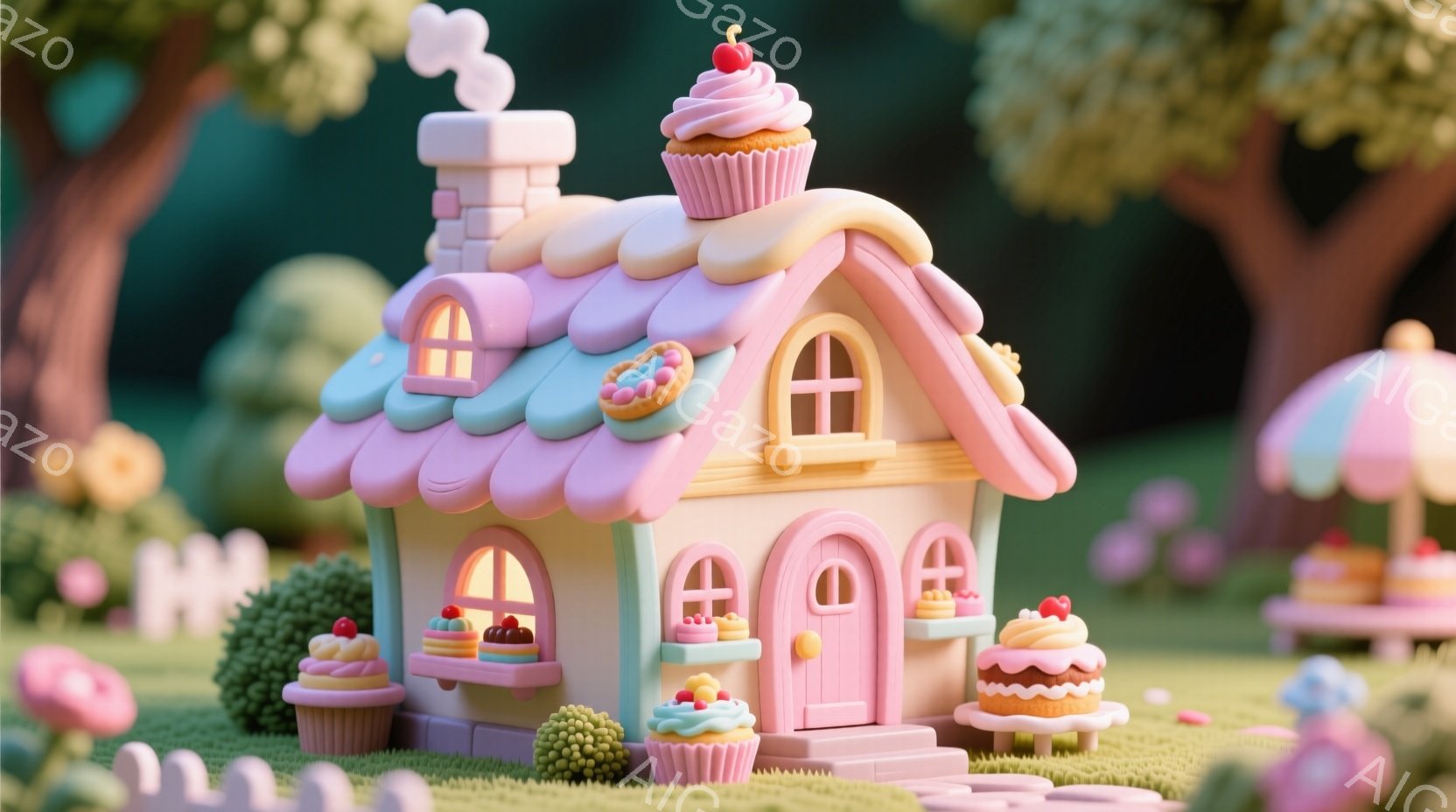 鮮やかなピンク色の家が、緑の芝生の上に建っています。屋根はカラフルなドーナツやカップケーキで飾られ、お菓子の家のような可愛らしい雰囲気が漂っています。背景にはぼやけた木々が見え、穏やかで夢のような世界観を演出しています。