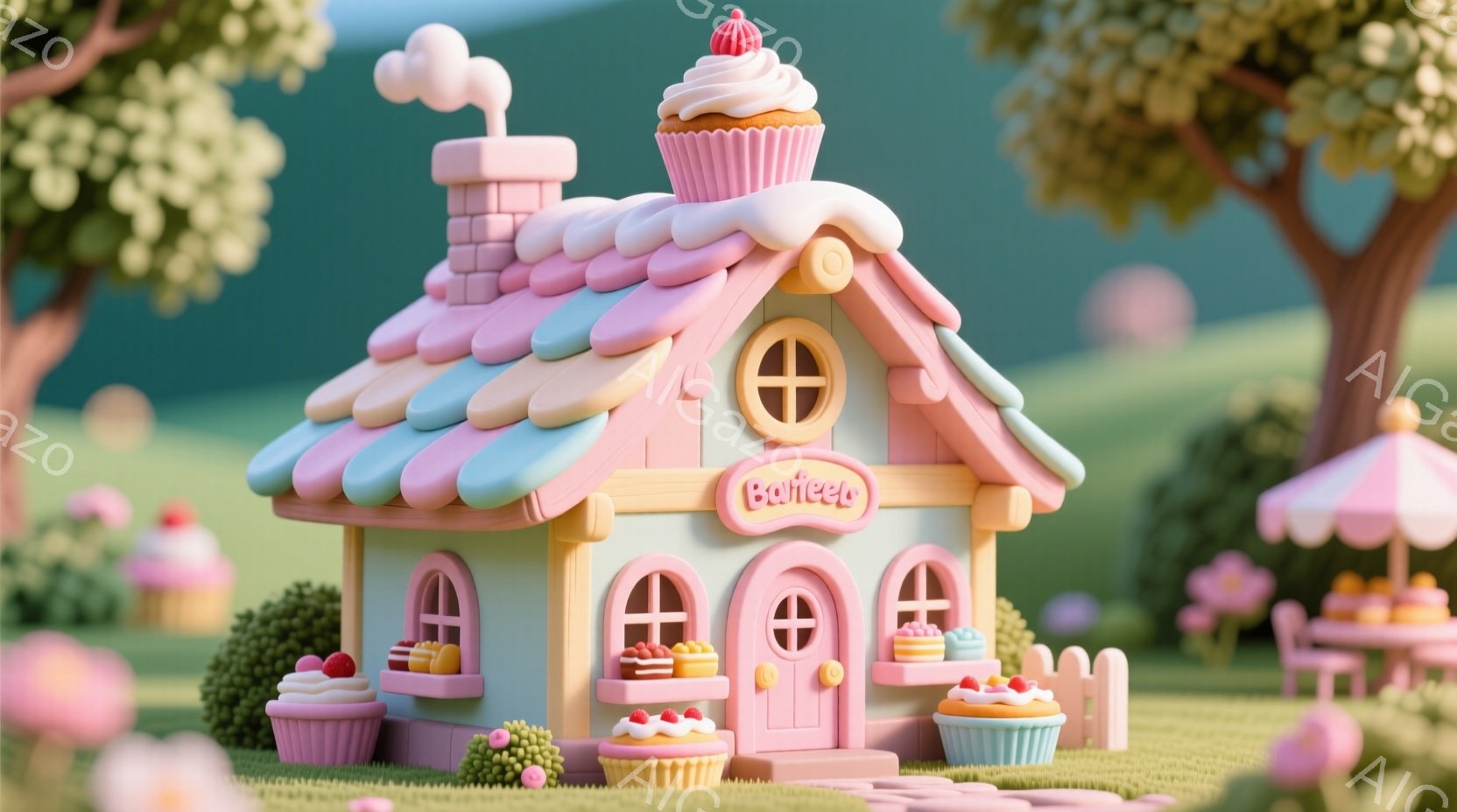 鮮やかなピンクと水色の可愛らしい家が、緑の芝生の上に建っています。屋根はカップケーキのように層になっており、窓枠やドアはキャンディのような色合いで、とても甘い雰囲気を醸し出しています。背景には、同様に - AI生成フリー素材