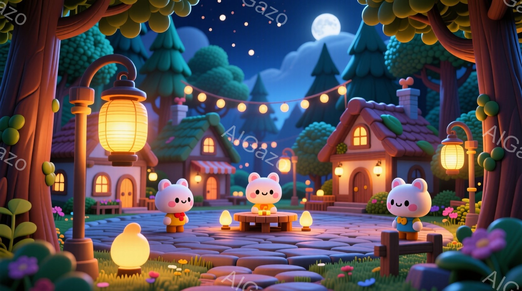 可愛らしい3匹のクマのキャラクターが、小さなテーブルを囲んで座っています。彼らはそれぞれ異なる色の服を着ており、表情は穏やかで幸せそうです。背景には、温かい光に照らされた可愛らしい家々が並び、緑豊かな - AI生成フリー素材