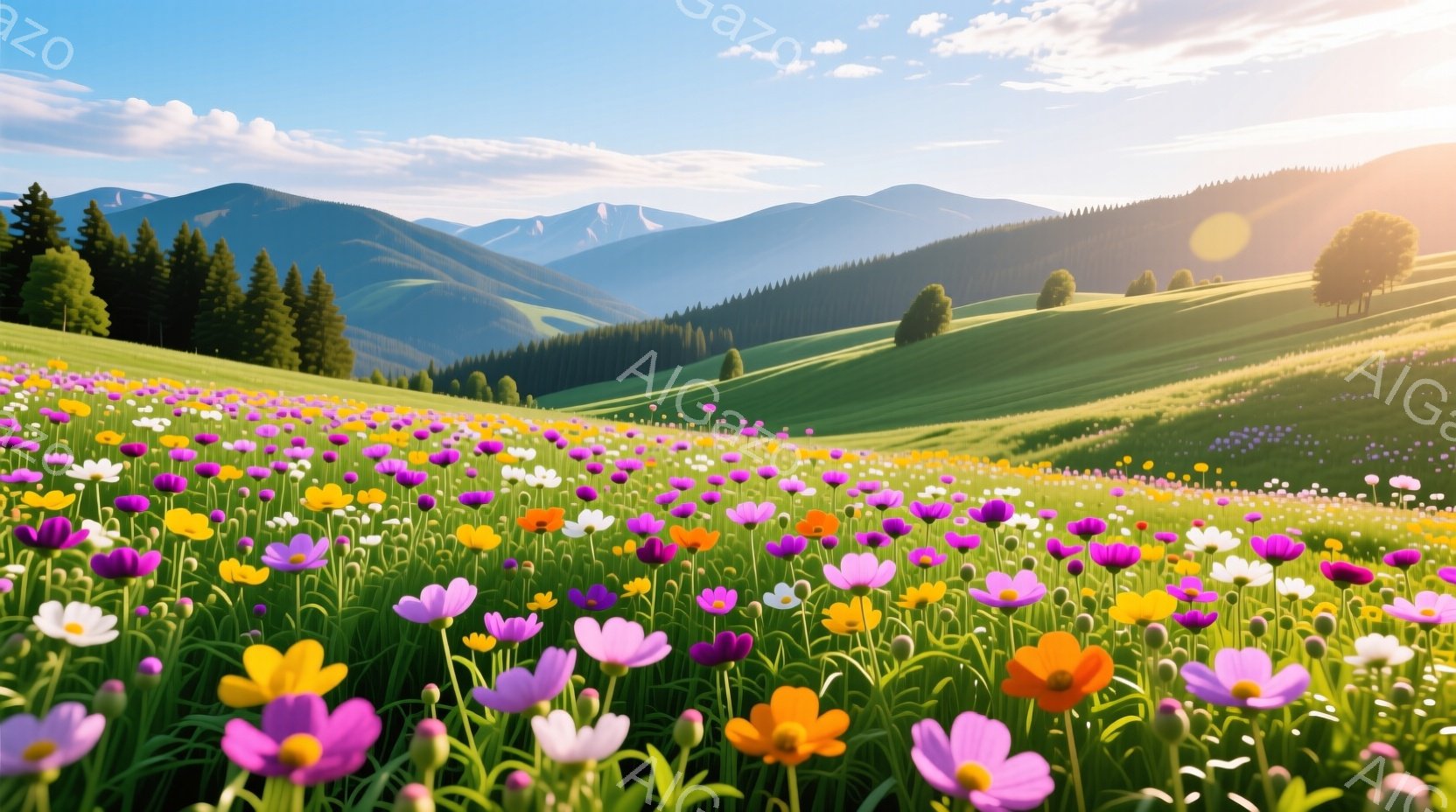 広大な緑の丘に、色とりどりの野花が咲き乱れている風景です。遠くには緑豊かな山々が連なり、空は晴れやかで、暖かく穏やかな日差しが降り注いでいます。全体的に、平和で自然に満ち溢れた、安らぎに包まれる雰囲気 - AI生成フリー素材