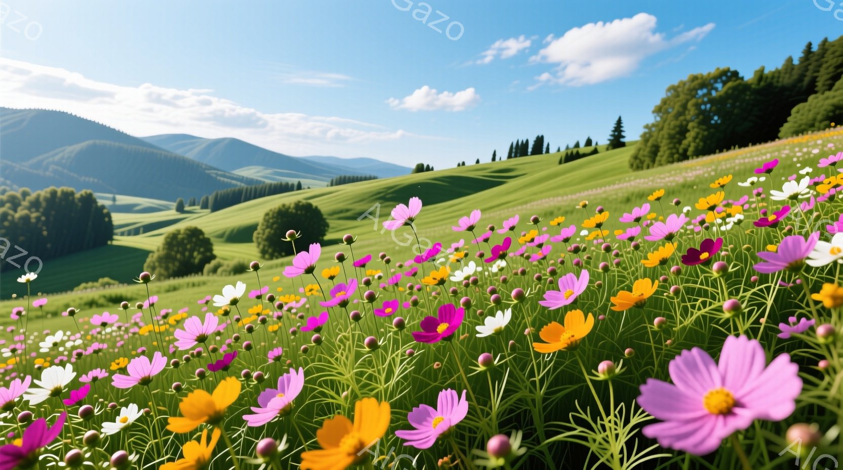 広大な緑の丘陵地帯に、ピンク、オレンジ、白、紫など様々な色のコスモスが咲き乱れている様子が捉えられています。背景には、緑豊かな丘が連なり、晴天の青空と白い雲が広がっています。全体的に、明るく、穏やかで - AI生成フリー素材