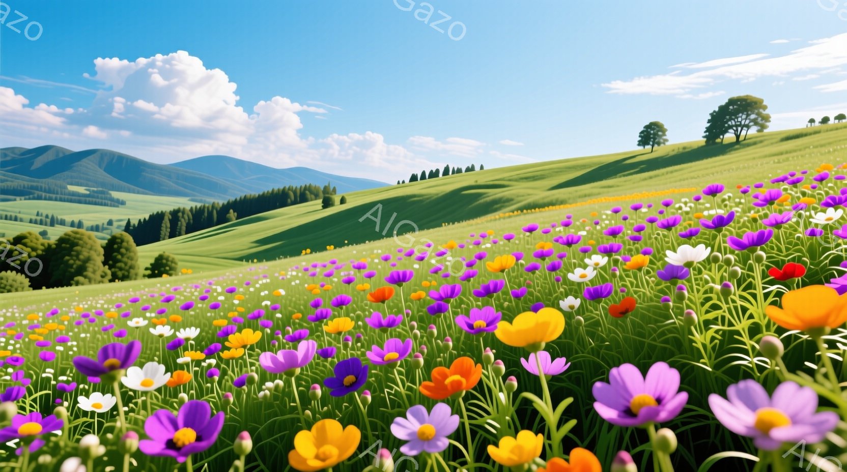 広大な緑の丘陵地帯に、色とりどりの野生の花々が咲き乱れている様子が描かれている。背景には、遠くの山々が薄い霧に包まれ、晴天の下、穏やかな雰囲気が漂っている。鮮やかな花々が、春や夏の生命力と自然の美しさ - AI生成フリー素材