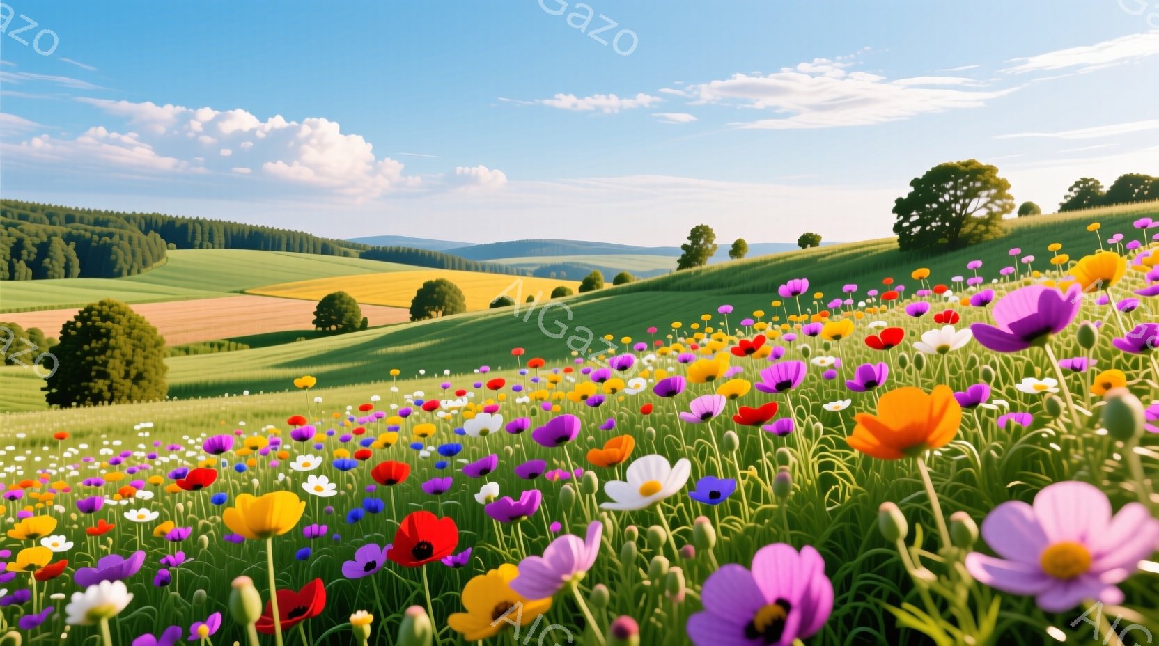 広大な緑の丘陵地帯が広がり、様々な色の花々が咲き乱れている風景です。遠くには木々が生い茂り、青空と白い雲が広がっています。全体的に明るく穏やかな雰囲気で、春や夏の美しい自然を感じさせます。 - AI生成フリー素材
