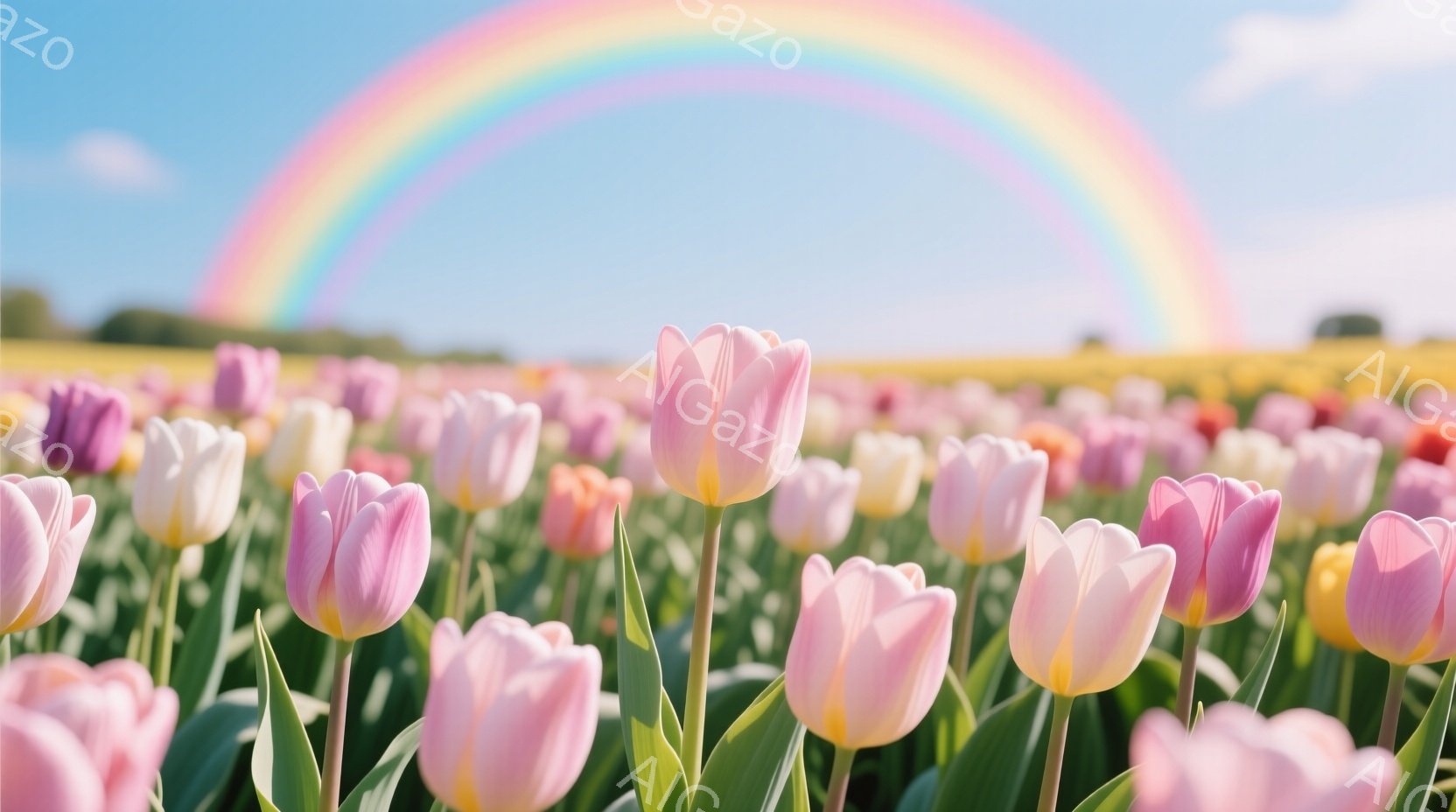 色とりどりのチューリップが咲き乱れる花畑が広がっており、ピンク、白、黄色、紫など様々な色が混ざり合って美しい景観を作り出している。空には鮮やかな虹がかかり、花畑と空のコントラストが明るく希望に満ちた雰 - AI生成フリー素材