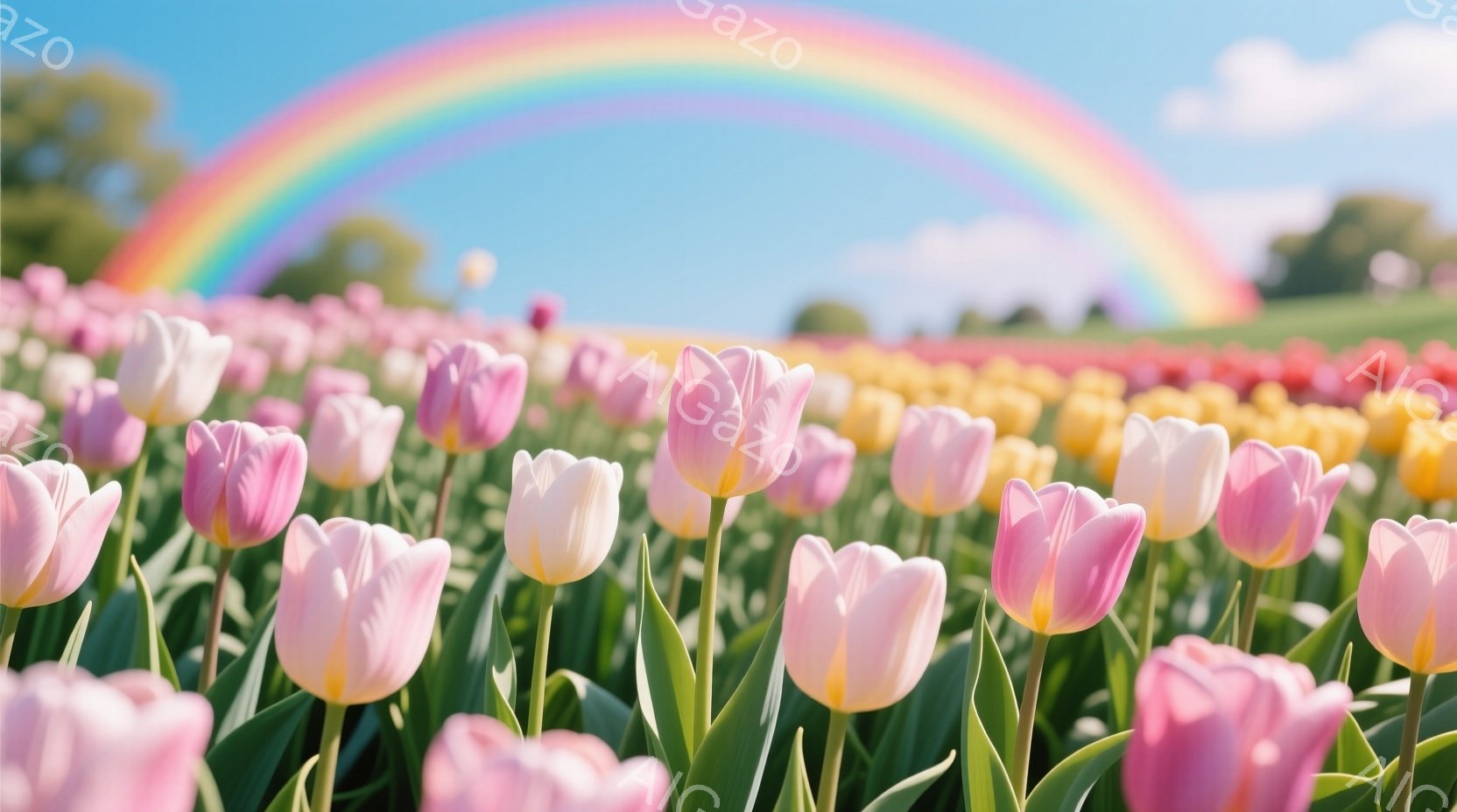 色とりどりのチューリップが咲き乱れる美しい風景です。ピンク、白、黄色などの花が密集して咲き、手前にピンク色のチューリップが特に目立ちます。背景には虹がかかり、緑の草地と木々が広がっており、晴れた日の穏 - AI生成フリー素材