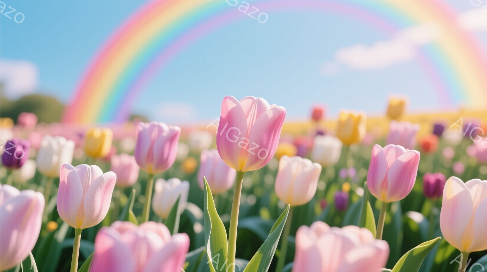 色とりどりのチューリップが咲き乱れる風景で、ピンク、白、紫、黄色など、様々な色が目に飛び込んできます。空には鮮やかな虹がかかり、春の暖かさと希望を感じさせる穏やかな雰囲気です。チューリップの緑の葉が鮮 - AI生成フリー素材