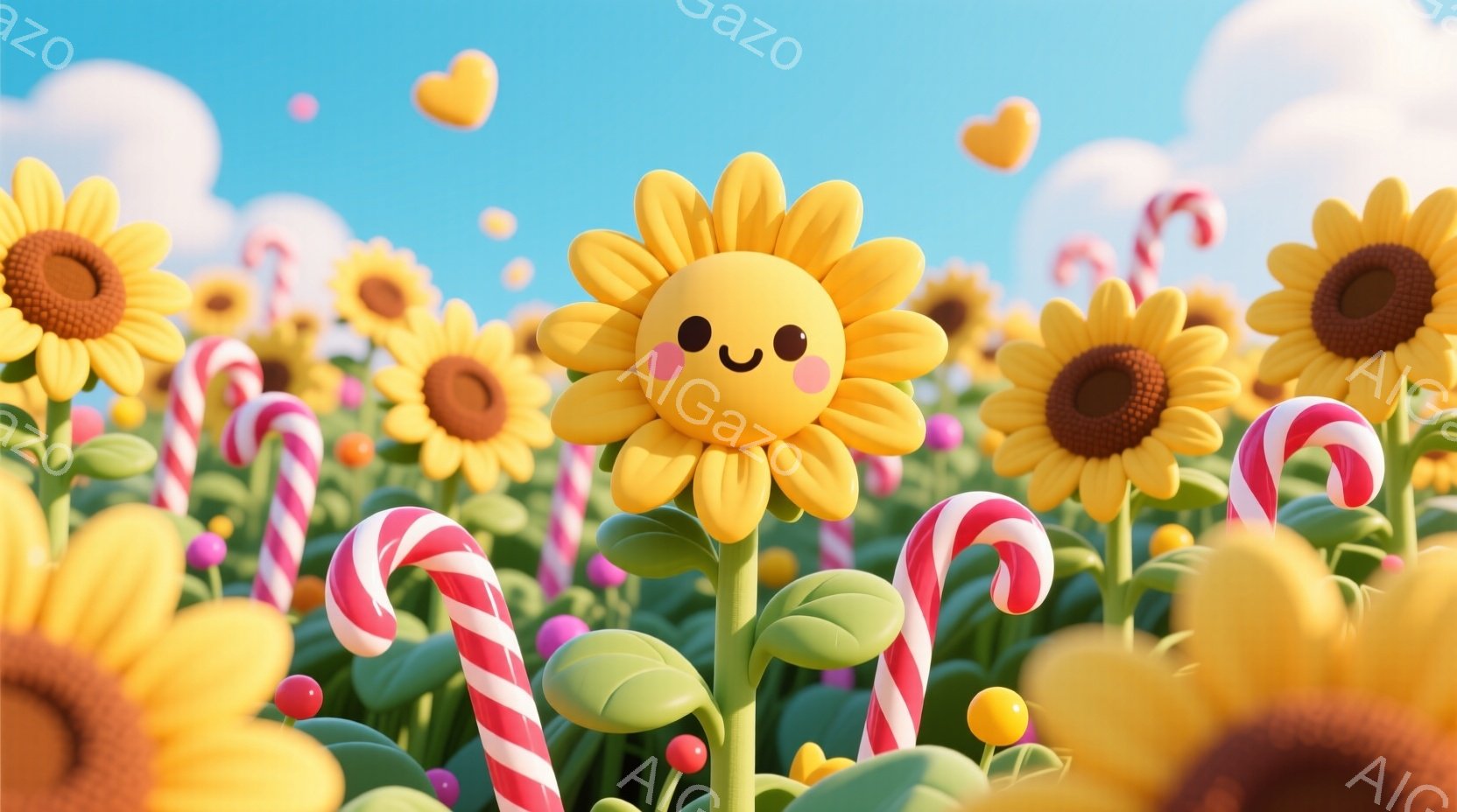 明るい黄色いヒマワリ畑が広がっており、花はすべて笑顔の顔を持っています。茎は赤と白のキャンディケーンのようで、背景には青空とふわふわした雲が広がっています。全体的に、明るく、お祝いの、遊び心のある雰囲気です。
