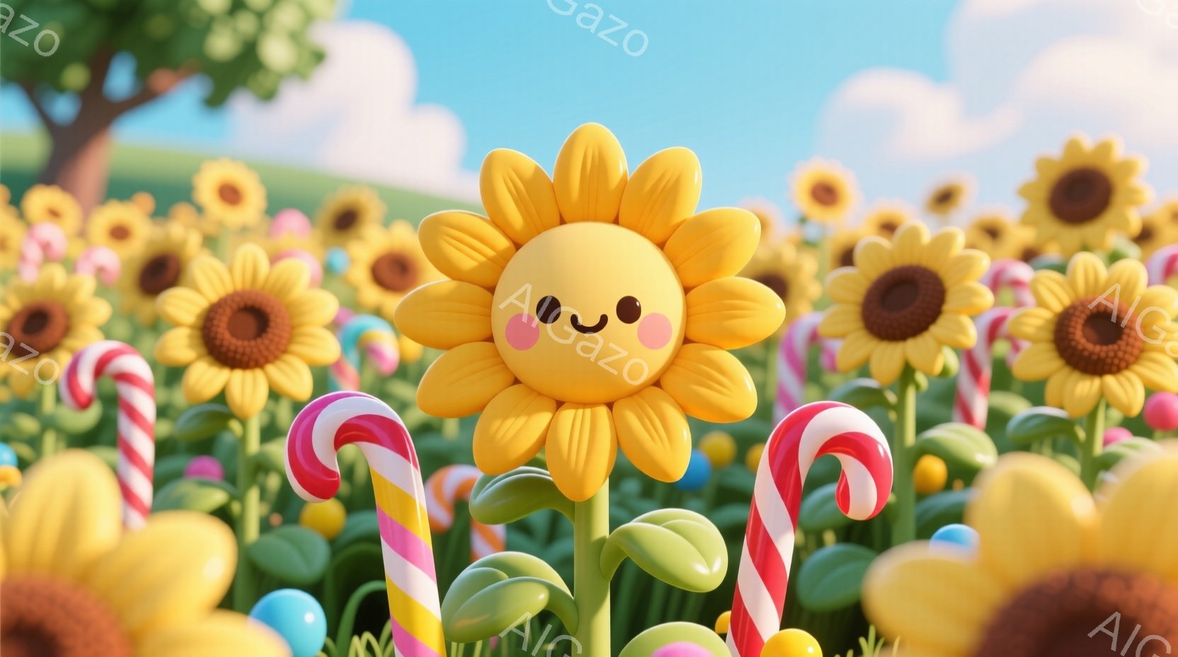 明るい太陽光の下、笑顔のひまわりがキャンディのような茎で立っている様子が描かれている。周囲には同じように可愛らしいひまわりが密集しており、背景には緑の丘と青い空が広がっている。全体的に、お祭り騒ぎのよ - AI生成フリー素材