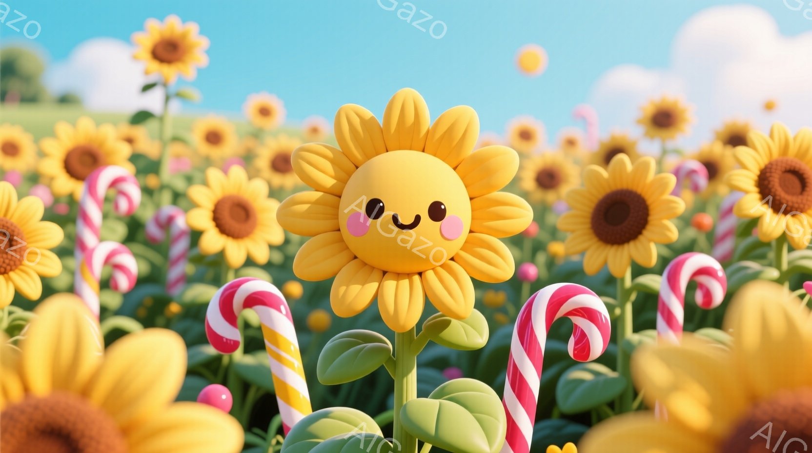 明るい黄色いヒマワリが、キャンディのような茎の上に咲き誇っています。ヒマワリには可愛らしい笑顔が描かれており、周りには様々な大きさのヒマワリが咲き乱れています。背景は空と緑の草原で、全体的にカラフルで夢のような雰囲気が漂っています。