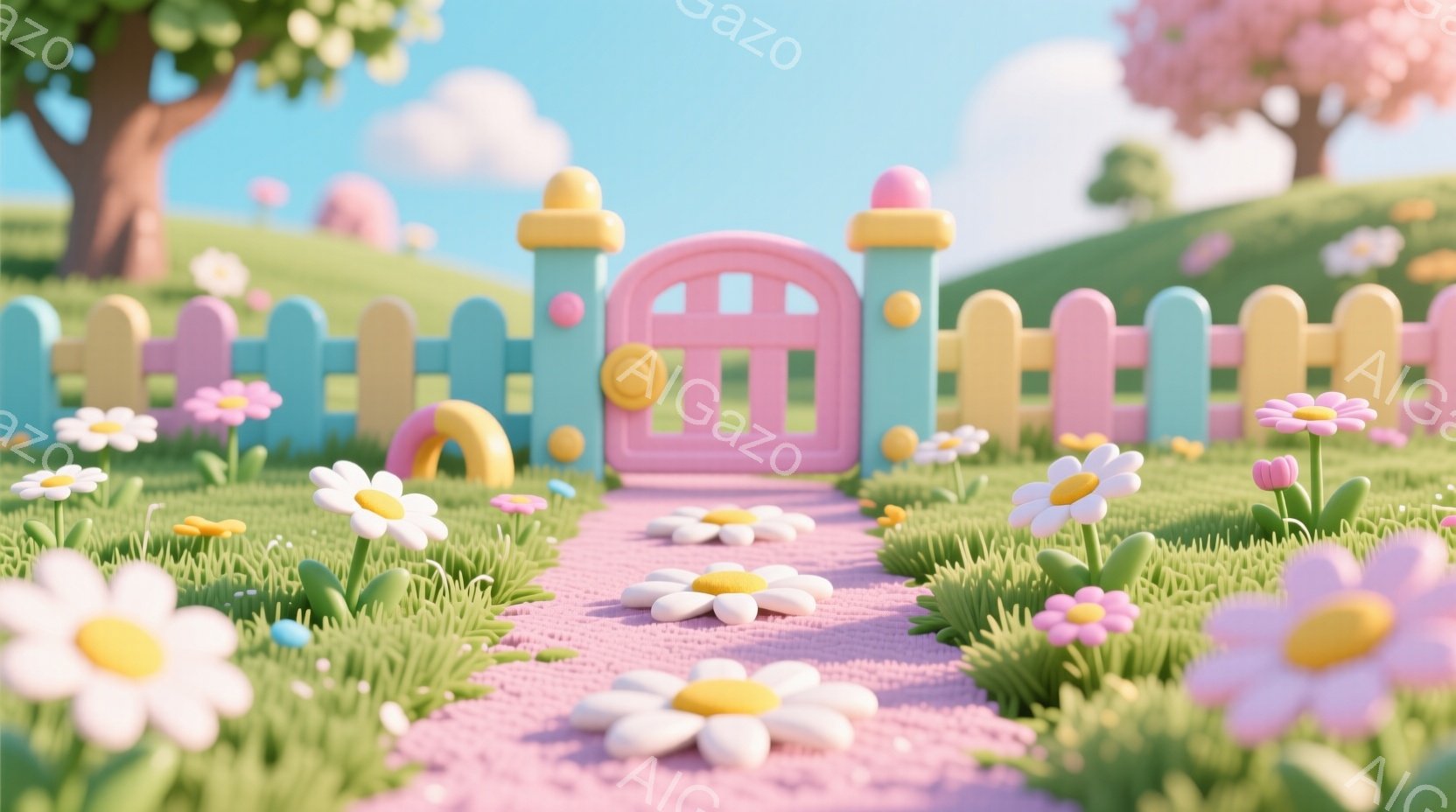 夢のようなパスタール村を表すファンタジー風のイラストレーションです。中央にある小さな赤いドアが目立つ特徴です。花々が散らばっており、ピンクとグリーンの色が大好きのように使われています。背景は明るく楽し - AI生成フリー素材