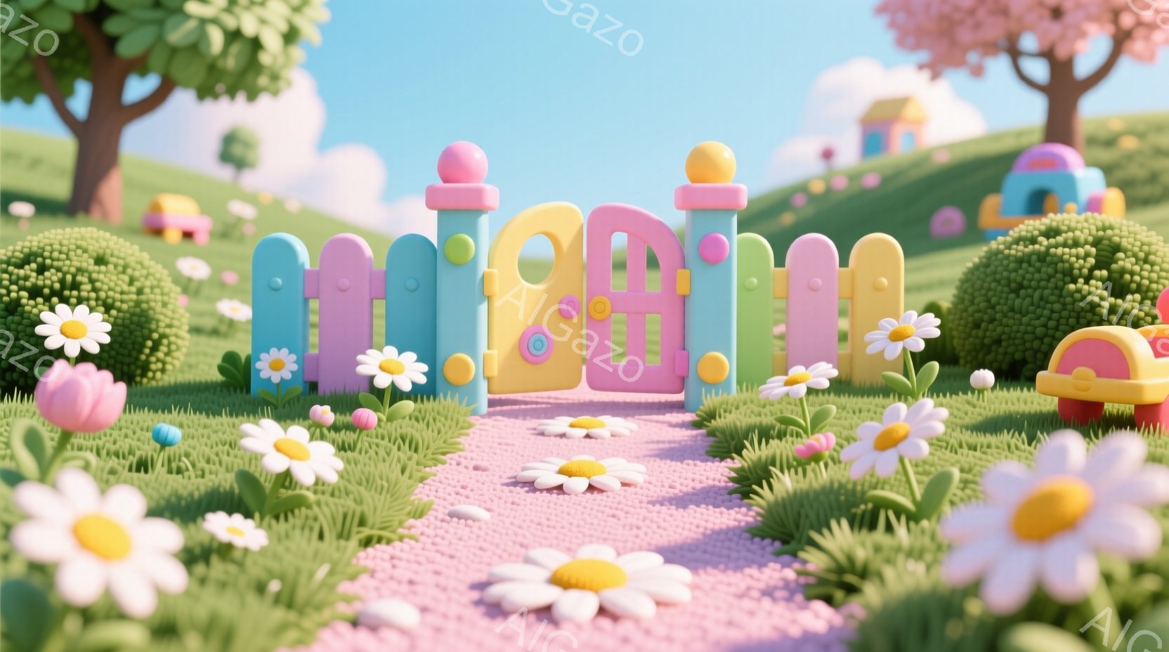 鮮やかな緑の芝生とパステルカラーの柵が印象的な風景です。ピンク色の小道には白い花が咲き乱れ、背景には可愛らしい家々が並び、まるで絵本の世界のようです。全体的に明るく、温かく、遊び心あふれる雰囲気で、子 - AI生成フリー素材