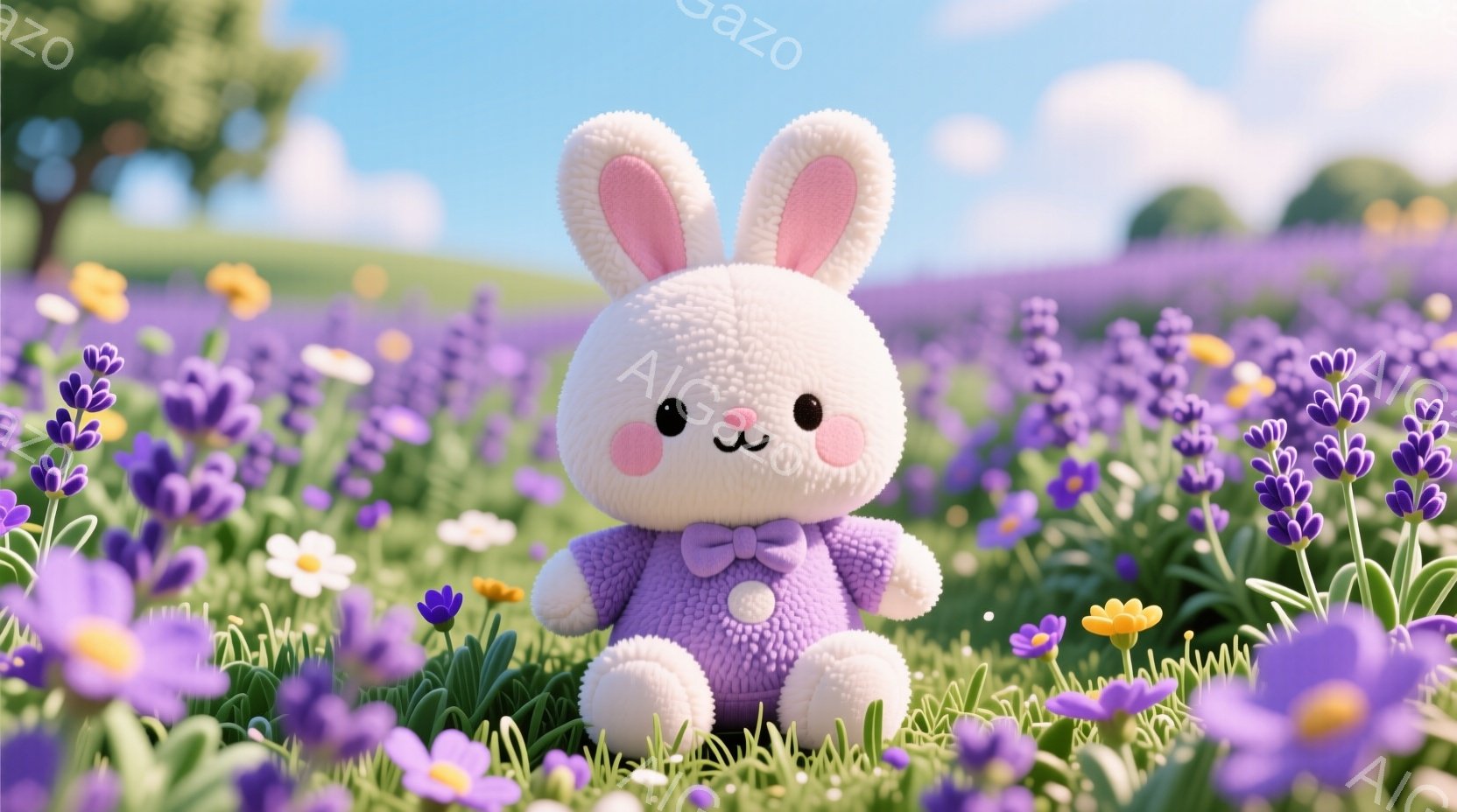 ふわふわの白いウサギのぬいぐるみは、ラベンダー色の小さな蝶ネクタイをつけ、緑の草むらの中に座っています。背景には、紫色のラベンダー畑が広がり、黄色い花々も点在し、晴れた空が広がっています。全体的に、柔 - AI生成フリー素材