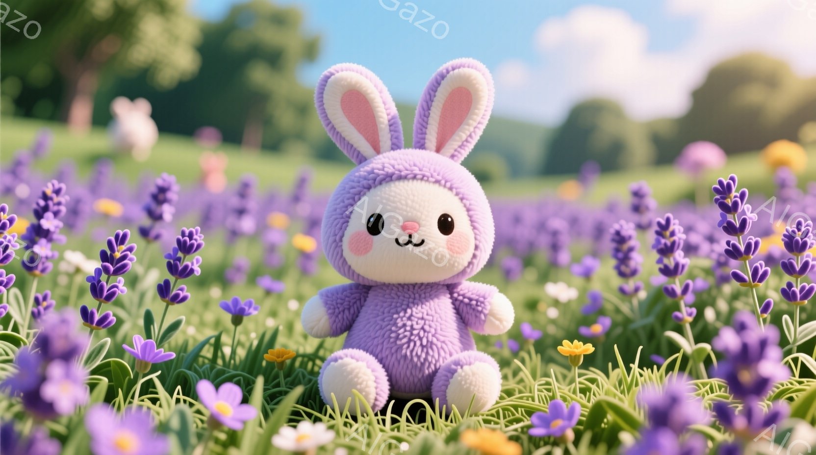 明るいラベンダー畑に、紫色のふわふわしたウサギのぬいぐるみが座っています。ウサギは丸い頬と可愛らしい表情で、まるで生きているかのような愛らしさです。背景には緑豊かな草地と木々が広がり、晴れた空の下、平 - AI生成フリー素材