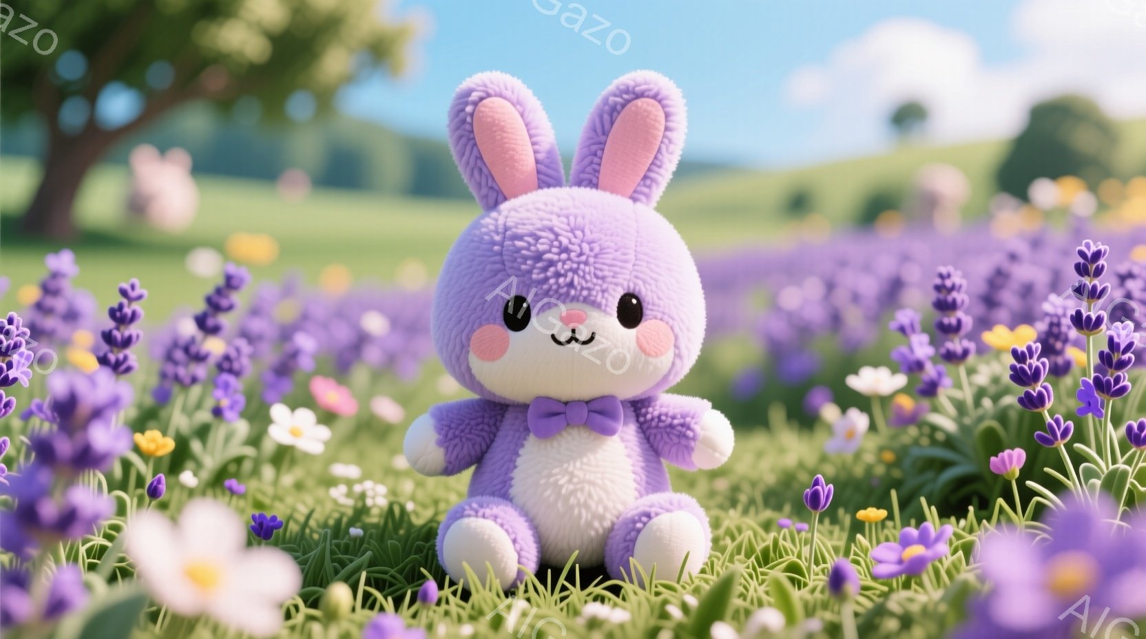 ふわふわとした薄紫色のウサギのぬいぐるみは、緑豊かなラベンダー畑の中に座っています。小さな紫色の蝶ネクタイをつけ、つぶらな瞳と愛らしい表情で見る人を魅了します。背景には緑の丘と青空が広がり、穏やかで夢のような雰囲気を醸し出しています。