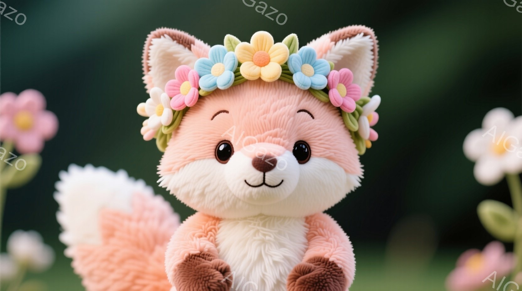 ふわふわのオレンジと白のキツネのぬいぐるみは、カラフルな花輪を頭にかぶっています。キツネは正面を向き、微笑んでおり、可愛らしい表情をしています。背景は緑色の草むらと、ぼやけたピンクと白の花で、春らしい - AI生成フリー素材