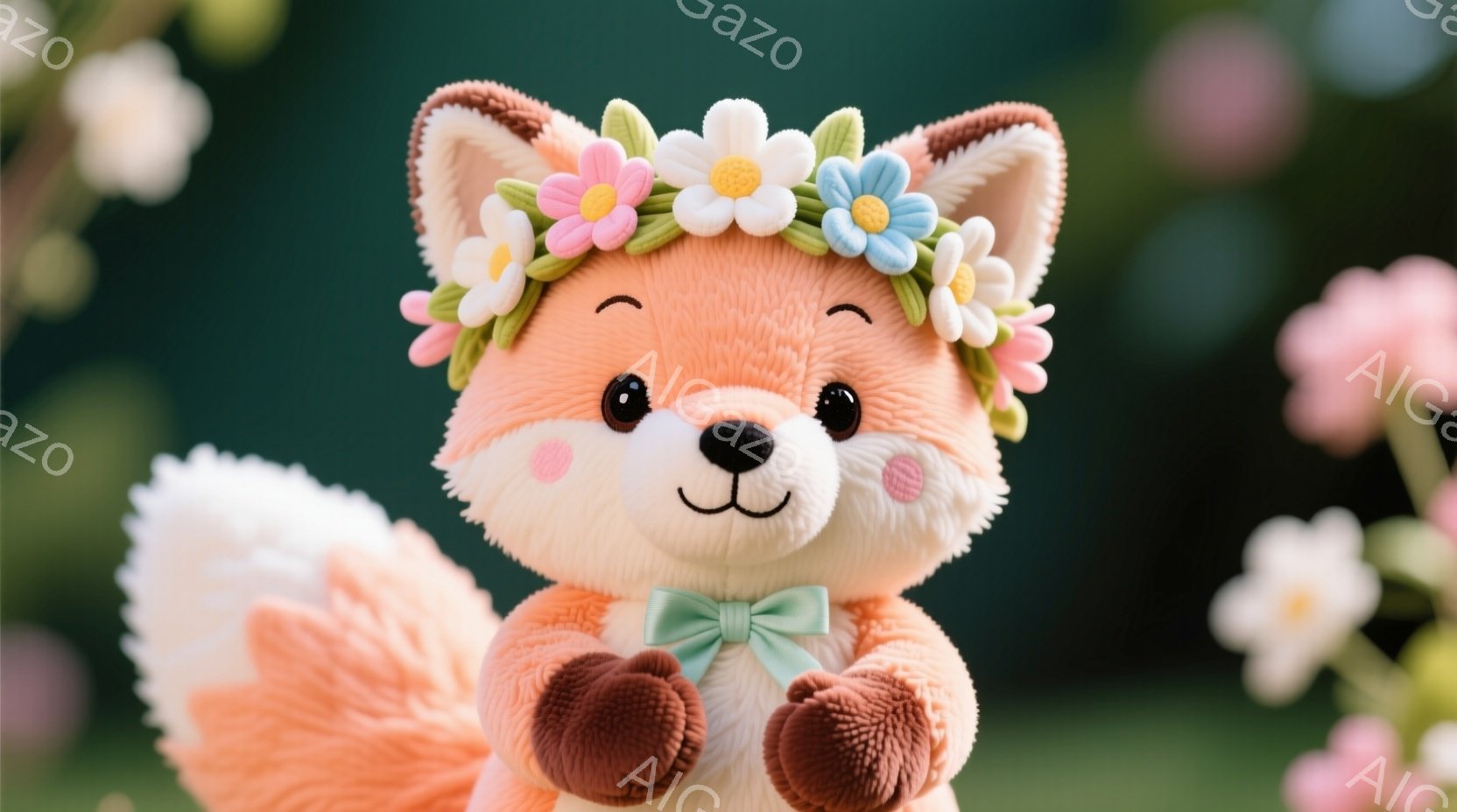 オレンジ色のふわふわしたキツネのぬいぐるみは、頭にピンクと水色の花で飾られた花冠をつけています。胸元には薄い緑色のリボンが結ばれており、両手を前に出して可愛らしいポーズをとっています。背景にはぼやけたピンク色の花が咲き乱れ、柔らかく暖かく、夢のような雰囲気を醸し出しています。