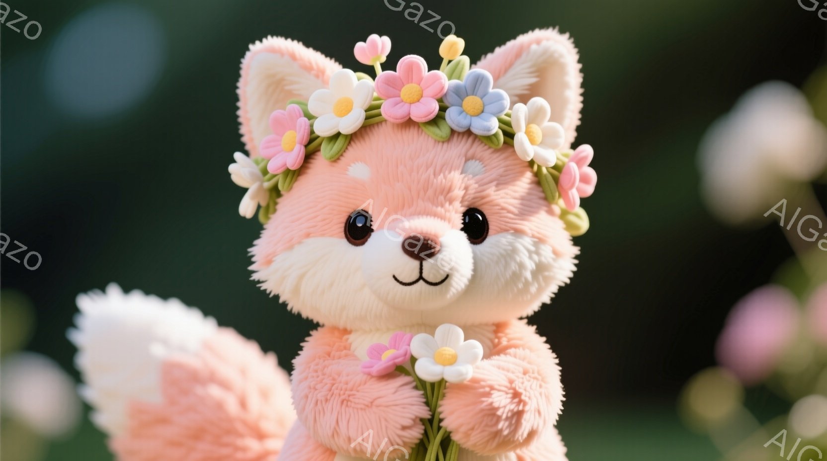 ふわふわのピンク色のキツネのぬいぐるみは、頭に花輪をつけ、手に同じ花束を持っています。背景にはぼやけたピンク色の花々が咲き乱れ、春らしい優しい雰囲気を醸し出しています。キツネの表情は穏やかで、可愛らし - AI生成フリー素材
