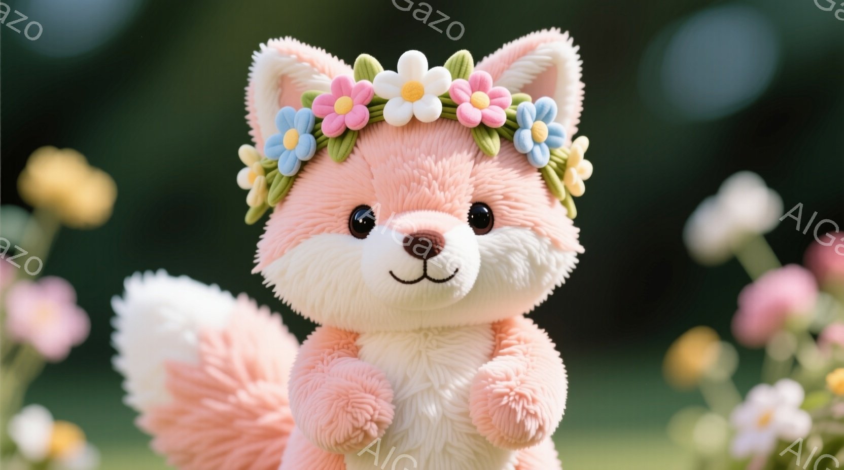 ふわふわのピンク色のキツネのぬいぐるみは、頭に花輪を載せています。キツネは正面を見つめ、穏やかで愛らしい表情をしています。背景にはぼやけた花畑が広がり、柔らかく暖かく、優しい雰囲気を作り出しています。 - AI生成フリー素材