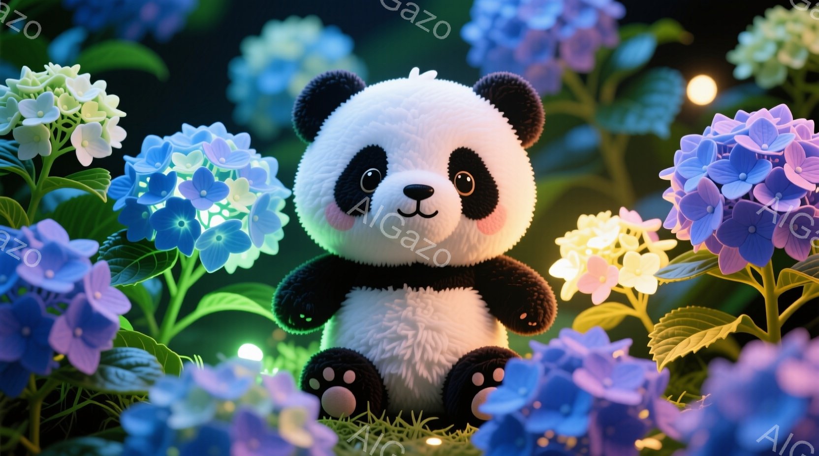 白と黒のパンダが青いアジサイの花に囲まれて座っています。パンダは丸くてふわふわしており、幸せそうな笑顔を浮かべています。背景は緑豊かな草とぼやけた光で、夢のような雰囲気を作り出しています。 - AI生成フリー素材