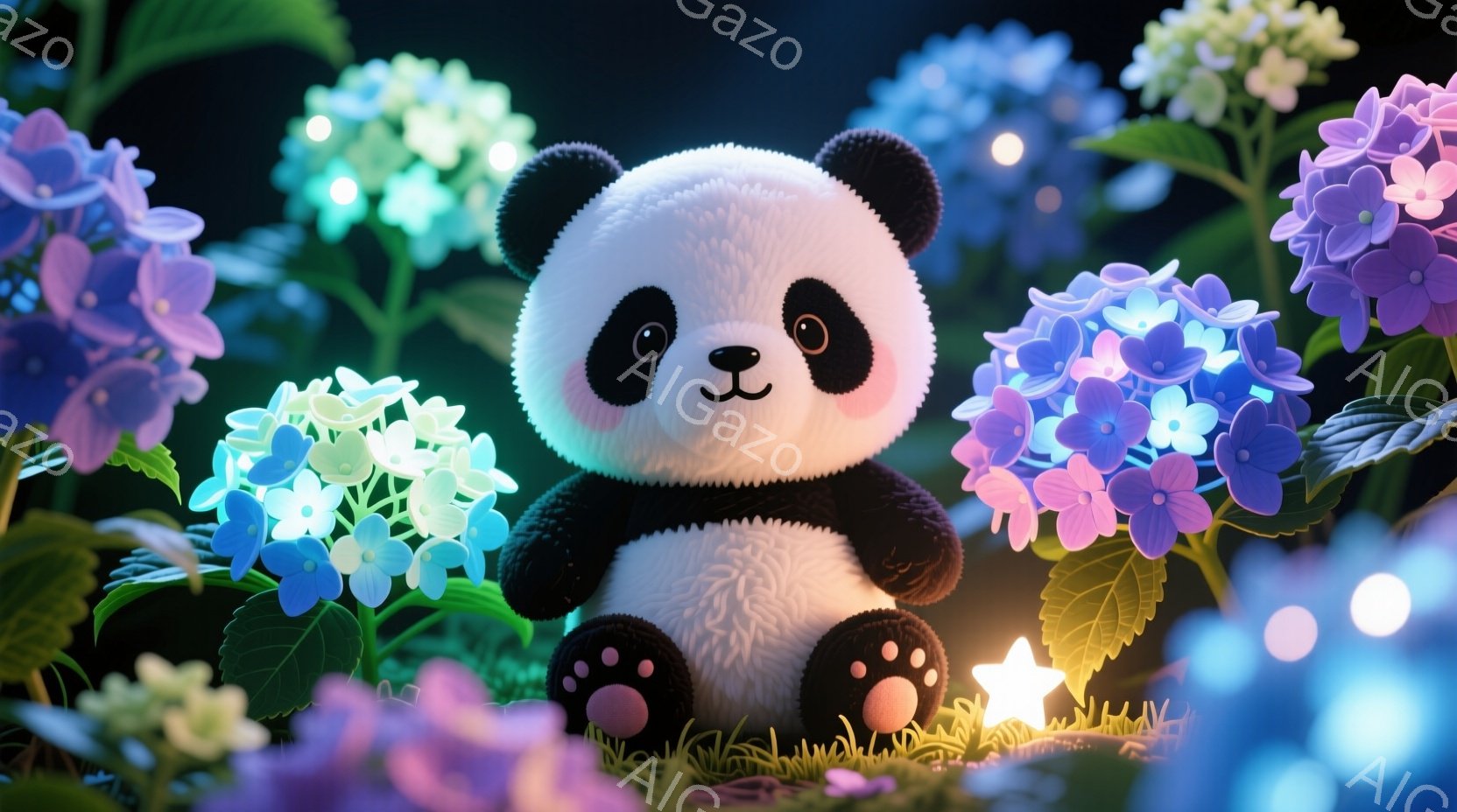白黒のパンダが、青と紫色の紫陽花に囲まれた草の上に座っています。パンダは丸く、可愛らしい表情で、ふっくらとした体型をしています。背景は暗く、ぼんやりとした光の粒子と星型の光が散りばめられており、幻想的 - AI生成フリー素材