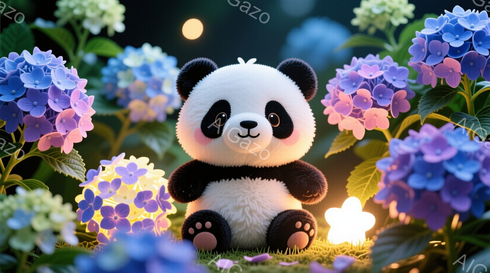 ふわふわのパンダが、紫と青色のあじさいに囲まれて座っています。パンダは丸い体で、つぶらな瞳と小さな鼻を持っており、穏やかな表情を浮かべています。背景には緑の草と、ぼんやりと光る星のような光があり、幻想的な雰囲気を醸し出しています。