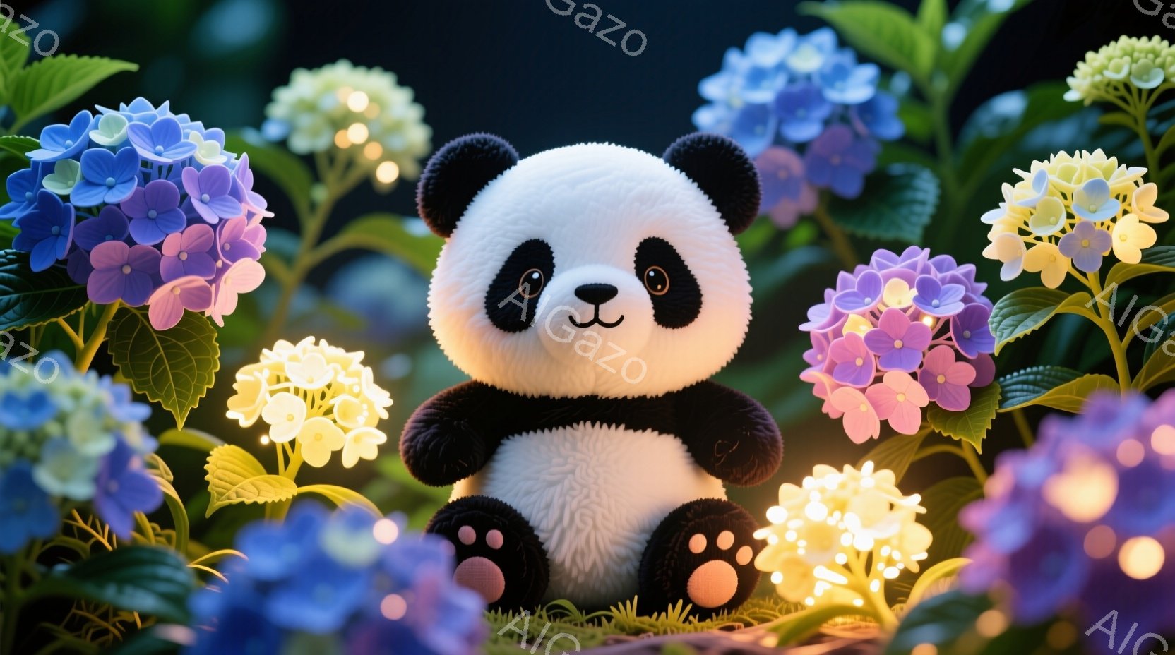 愛らしいパンダが、紫、ピンク、白、黄色のあじさいの花々に囲まれて座っています。パンダは丸い体つきで、つややかな黒い目と穏やかな表情をしています。背景は緑豊かな草と花で、夢のような、平和な雰囲気を醸し出 - AI生成フリー素材