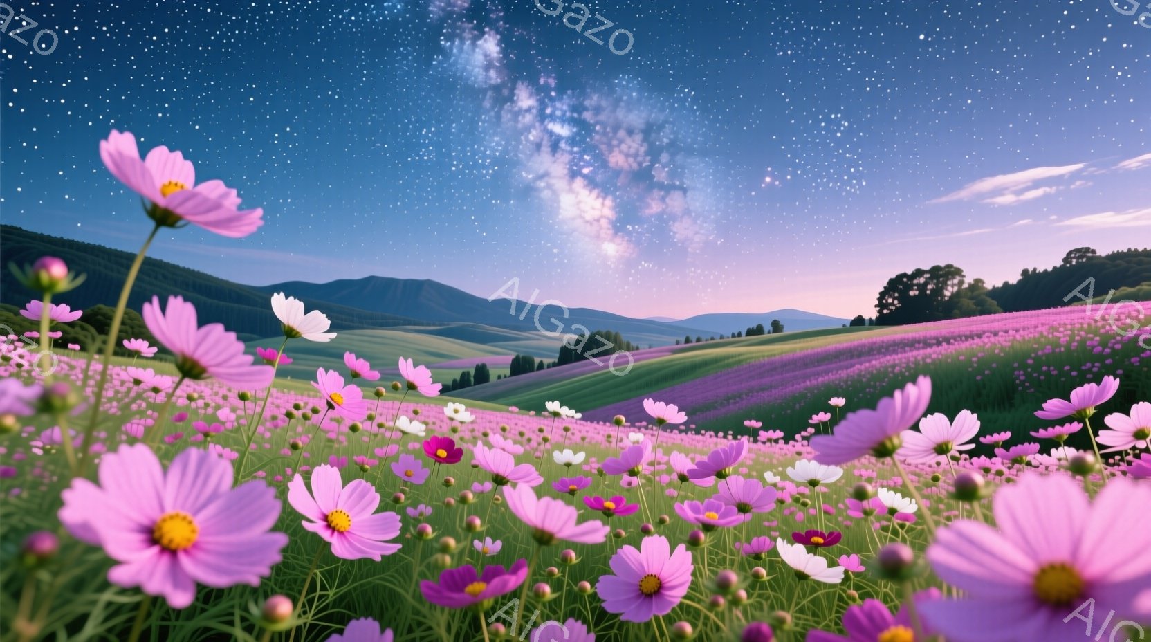 広大な丘陵地帯にピンクや白のコスモスが咲き乱れ、夜空には天の川が輝いている。緑色の草地と丘が連なり、遠くには森林が見える穏やかな風景だ。夜空と花畑が織りなす幻想的な雰囲気が、静けさと美しさを感じさせる - AI生成フリー素材