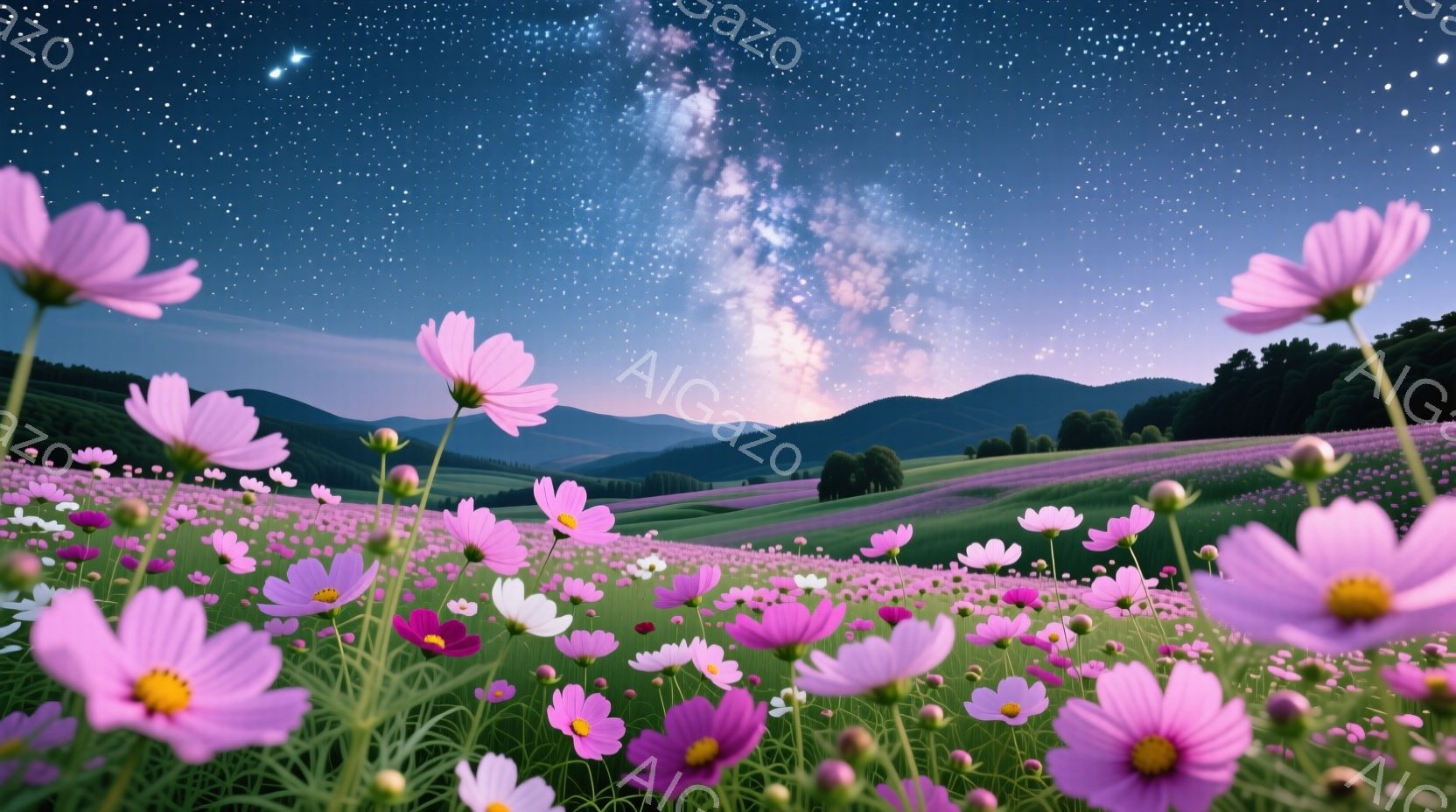 広大な花畑が夜空の下に広がり、紫とピンクのコスモスが咲き乱れている。遠景にはなだらかな丘陵と木々が見え、空にはミルキーウェイが鮮やかに輝いている。全体的に幻想的でロマンチックな雰囲気が漂い、夜空と花々 - AI生成フリー素材