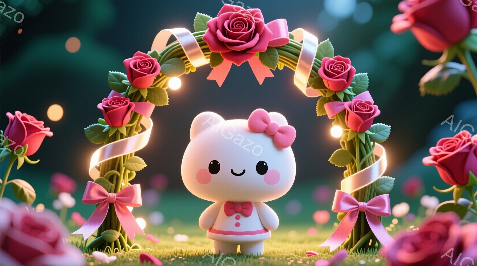 白くて丸いキャラクターが、ピンクのリボンと花で飾られたアーチの下に立っています。キャラクターは、ピンクの小さな帽子と蝶ネクタイをつけ、可愛らしい笑顔を浮かべています。背景には緑の草地と鮮やかなピンクの - AI生成フリー素材