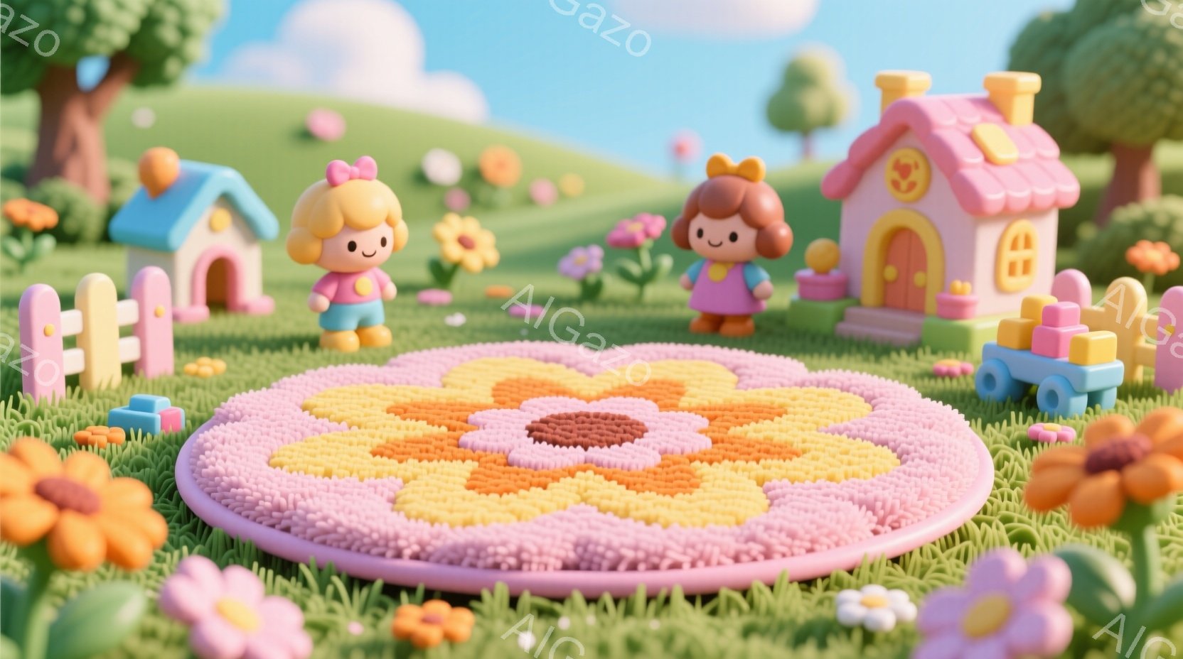 明るい緑の芝生の上に、可愛らしい女の子二人が立っています。ピンクの服に髪にはリボンをつけ、笑顔でこちらを見ています。背景には、可愛らしい家や花が咲き乱れ、まるで絵本のような優しい雰囲気です。 - AI生成フリー素材