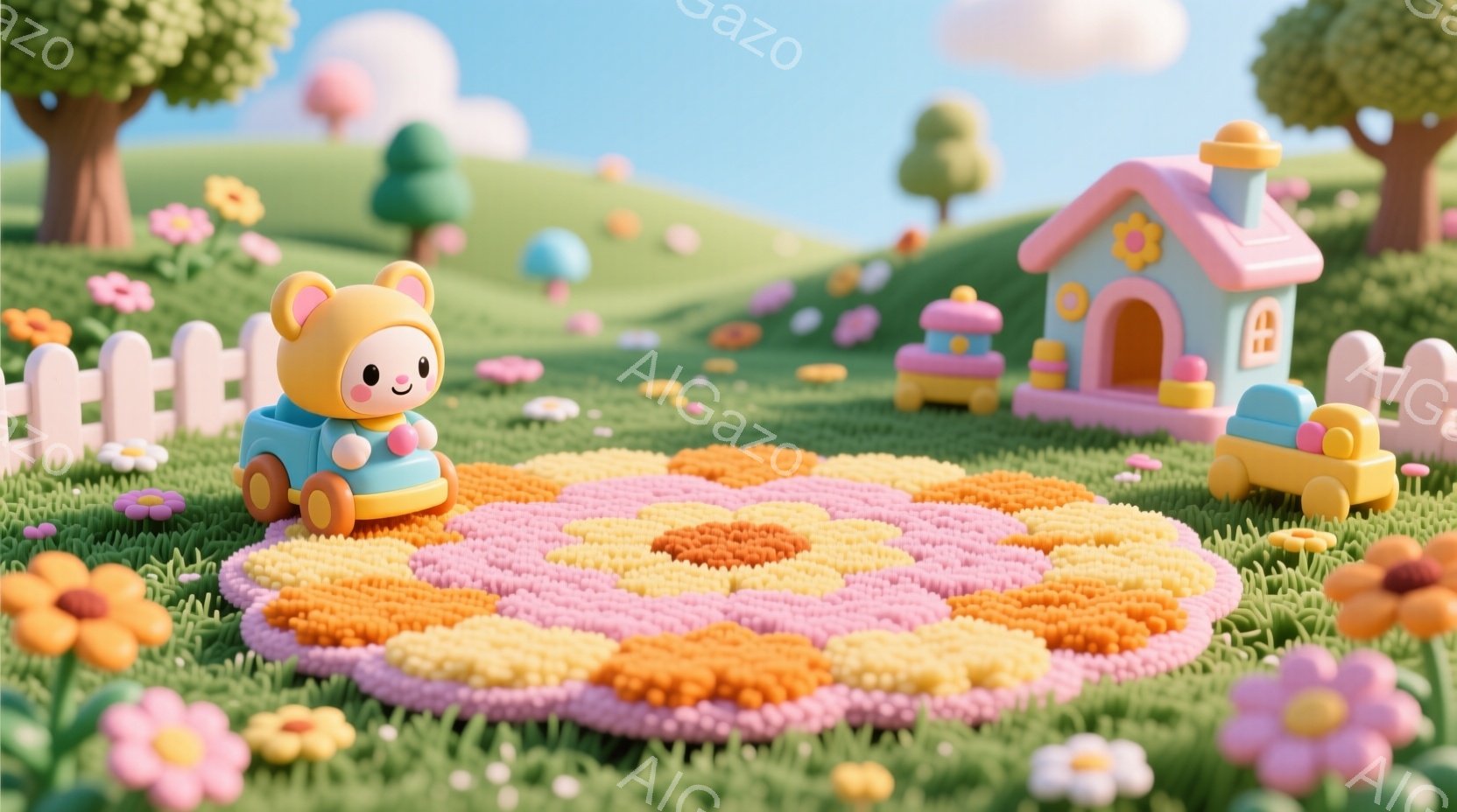 明るい緑の芝生の上には、オレンジ、ピンク、黄色の花柄の大きな円い敷物が広がっています。可愛らしいクマの着ぐるみを着た小さなロボットが、青い車に乗って敷物の上にいます。背景には、パステルカラーの家々と丸 - AI生成フリー素材