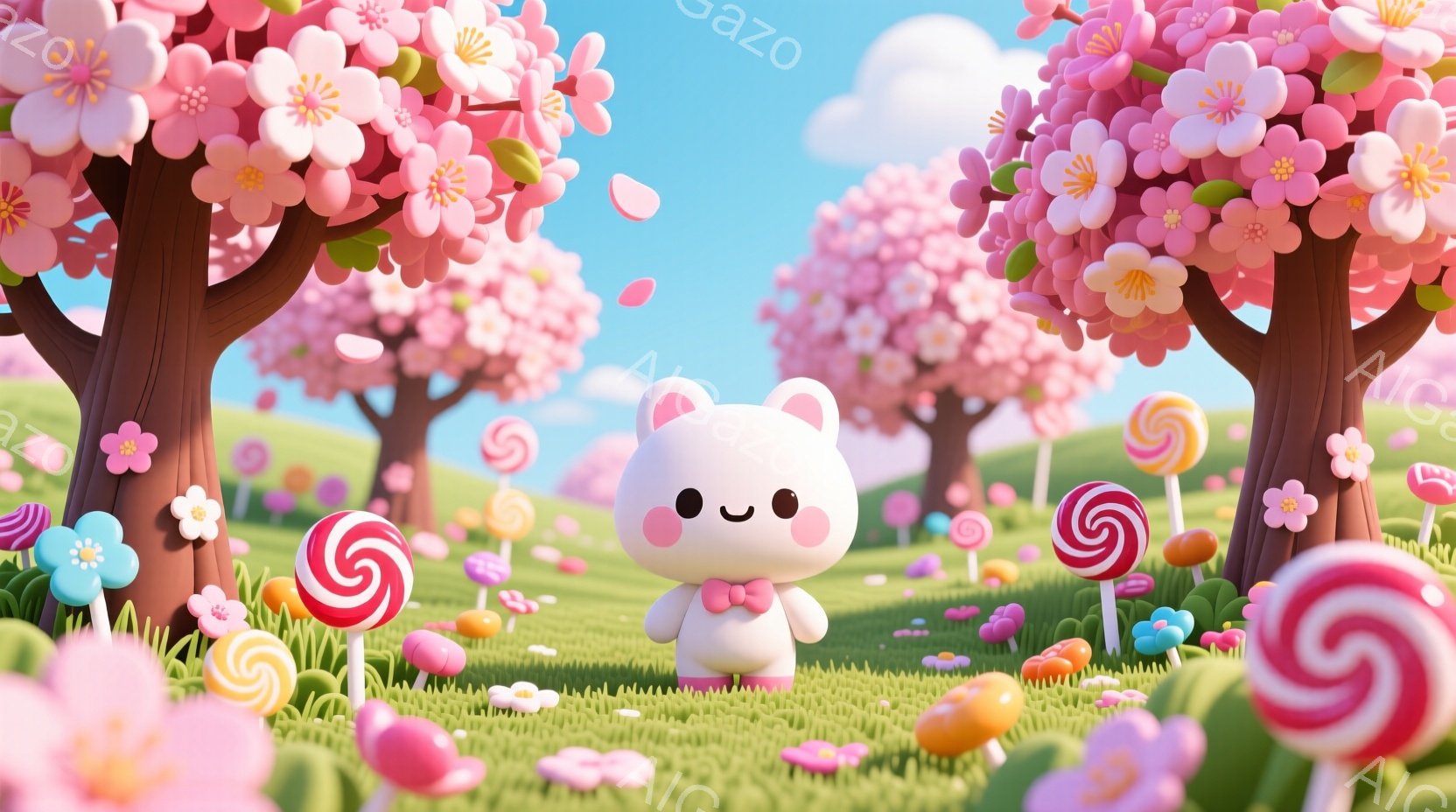 白くて丸いウサギのキャラクターが、ピンクの蝶ネクタイをつけて立っています。背景には、ピンクの花が咲き誇る木々が生い茂り、カラフルなキャンディやキノコが点在する草原が広がっています。空は青く、全体的に夢 - AI生成フリー素材