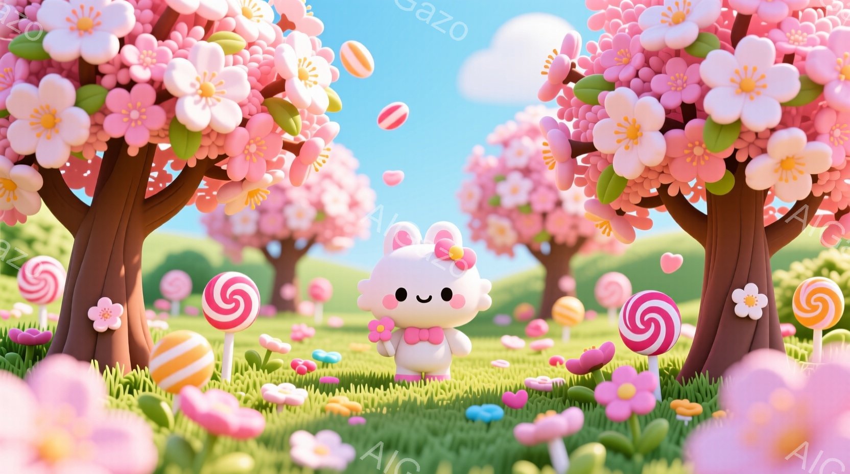 明るい緑の草の上に、かわいらしいピンク色のウサギのキャラクターが立っています。ウサギは赤いリボンと白い蝶ネクタイをつけており、表情はシンプルで可愛らしいです。背景には、キャンディーや花が咲き乱れるピン - AI生成フリー素材