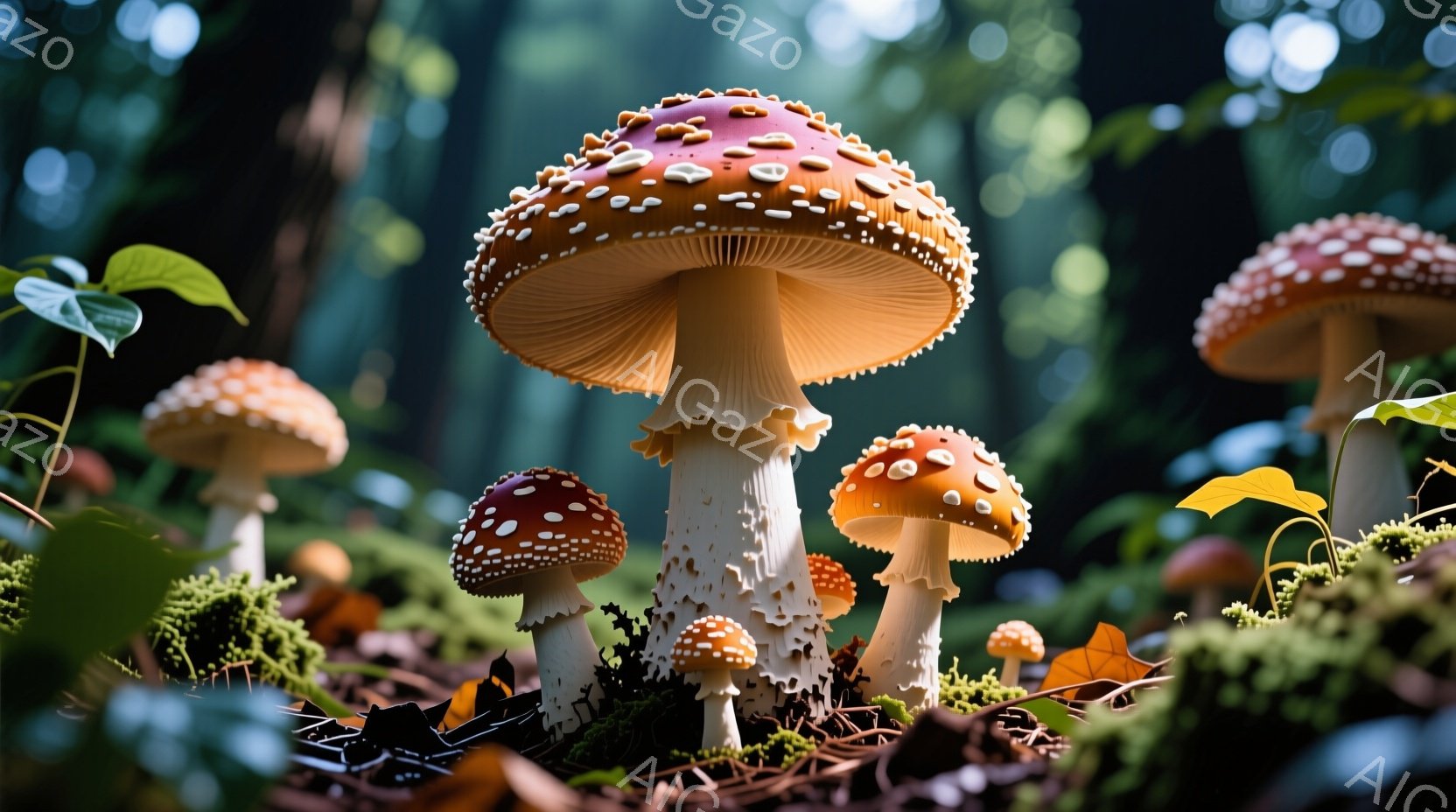 鮮やかな赤い傘に白い斑点のあるキノコが、緑色の苔と落ち葉の上に群生している様子が写っています。背景は暗い森林で、光が差し込み、キノコの鮮やかな色を引き立てています。 全体的に、静かで神秘的な雰囲気が漂 - AI生成フリー素材