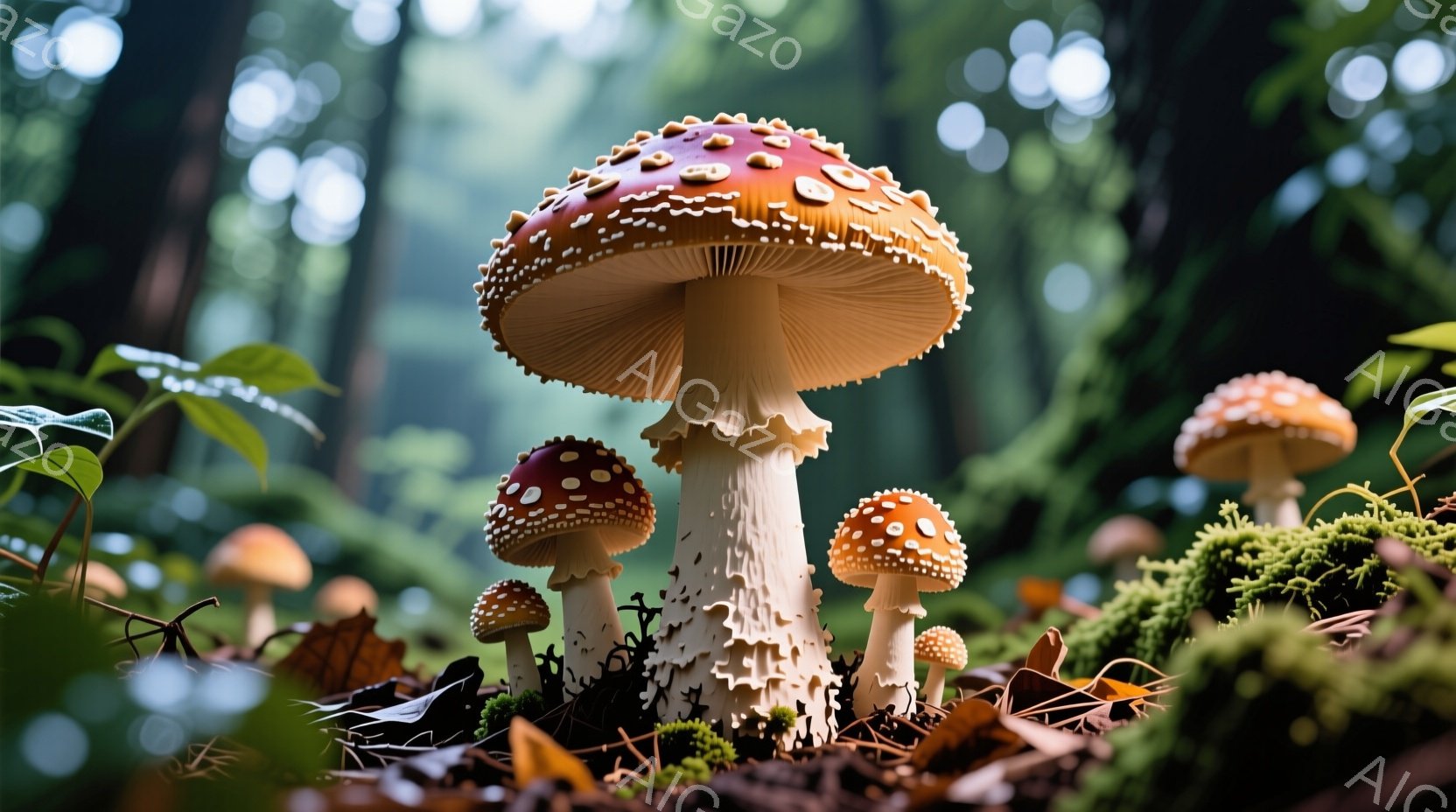 鮮やかな赤い傘に白い斑点を持つキノコが、緑豊かな森の中で生い茂っています。地面は落ち葉や苔で覆われ、周囲にはさらに小さなキノコが点在しています。全体的に、湿り気を帯びた森林の静寂と生命力を感じさせる、 - AI生成フリー素材