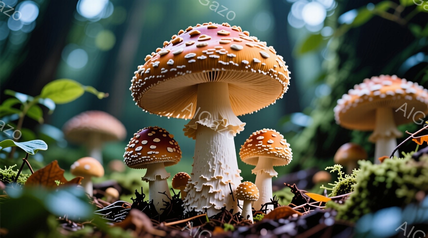 鮮やかな赤い傘に白い斑点のあるキノコが複数写っており、森の床に生い茂っています。キノコは様々な大きさで、周囲には落ち葉や緑色の苔が生い茂り、静かで神秘的な雰囲気を醸し出しています。背景はぼやけており、 - AI生成フリー素材