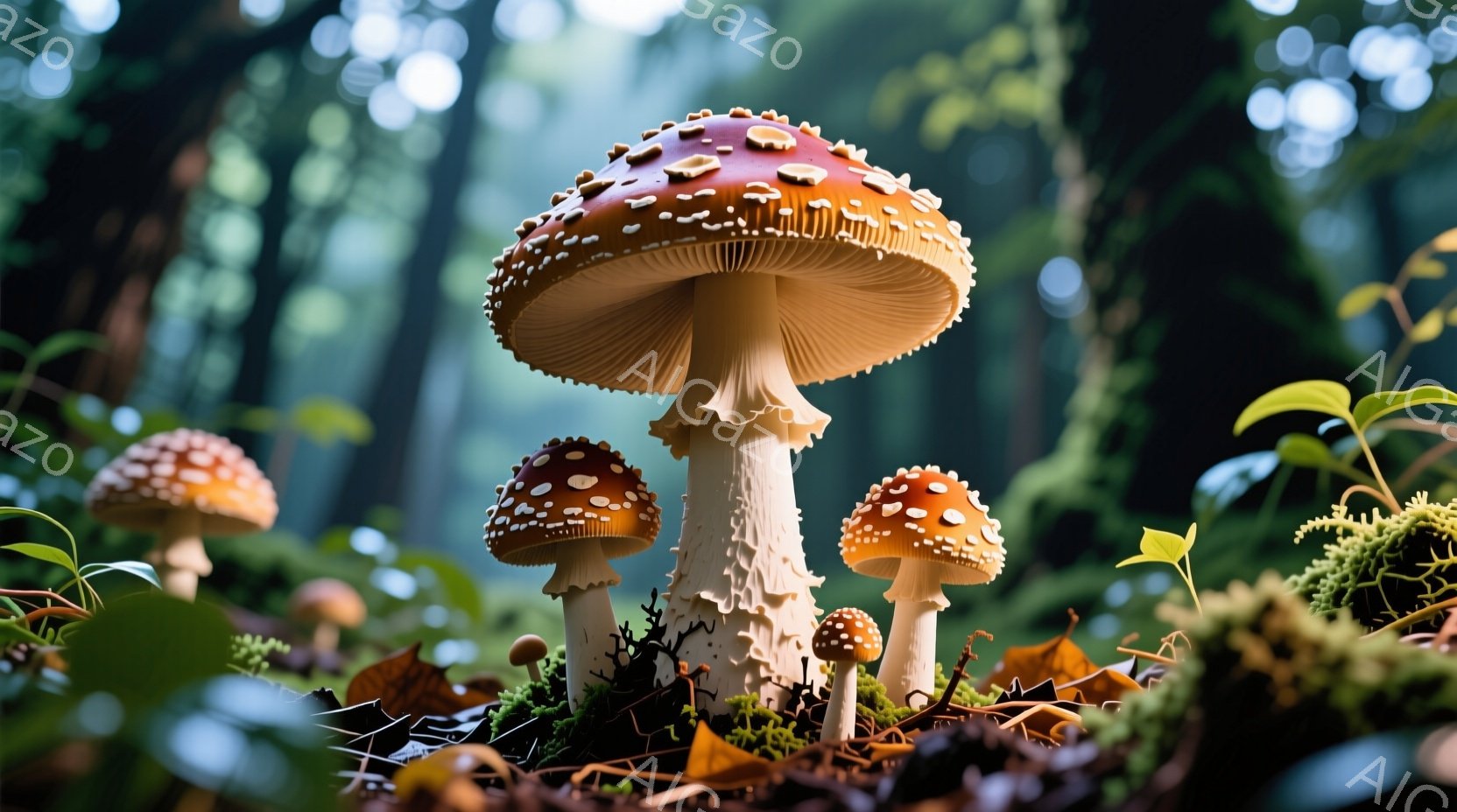 鮮やかな赤い傘に白い斑点のある、数本のキノコが写っています。キノコは苔むした地面や落ち葉の上に生えており、背景には緑豊かな森林がぼんやりと見えます。全体的に、湿潤で神秘的な雰囲気が漂い、自然の美しさを - AI生成フリー素材