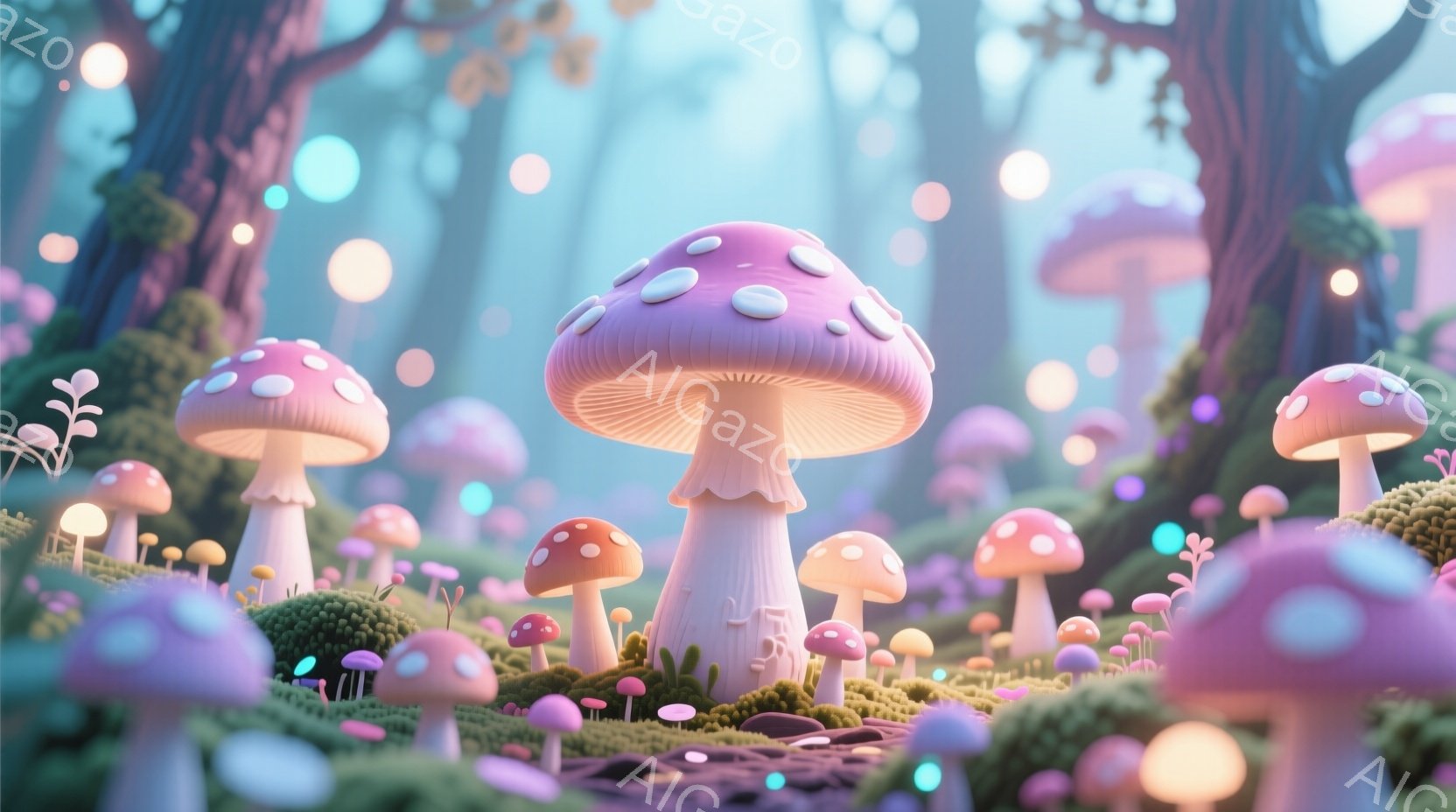 カラフルなキノコが密集した幻想的な森の風景です。ピンク、赤、紫色のキノコは独特の模様を持ち、緑色の苔むした地面の上に生い茂っています。背景にはぼんやりとした木々が見え、柔らかい光が全体を包み込み、夢の - AI生成フリー素材